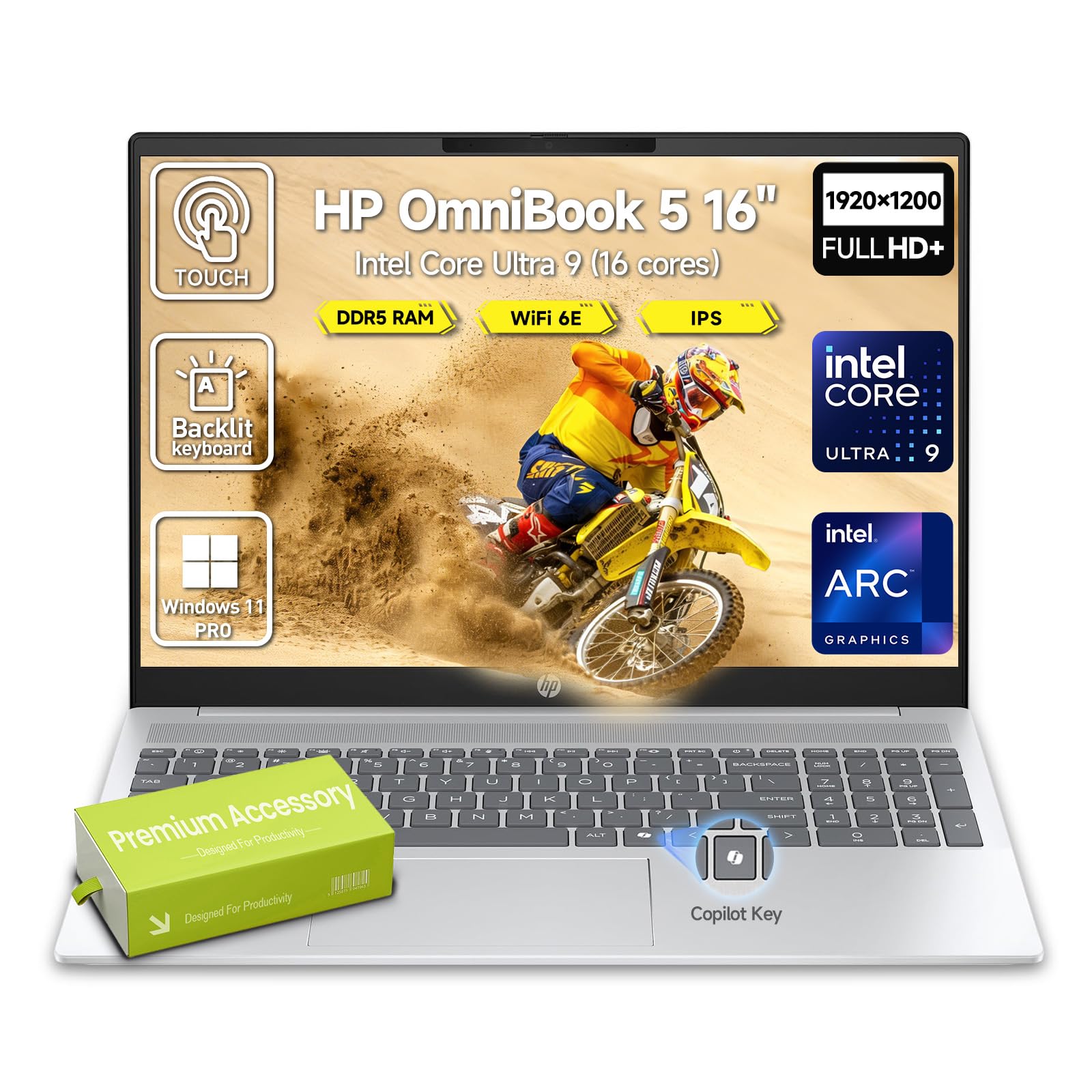 HP OmniBook 5 16 Inch Laptop Touchscreen Computer, 16" IPS 2K Touch Screen Business Laptop AI PC, 15th Gen Intel 16-Core Ultra 9, Windows 11 Pro, 32GB