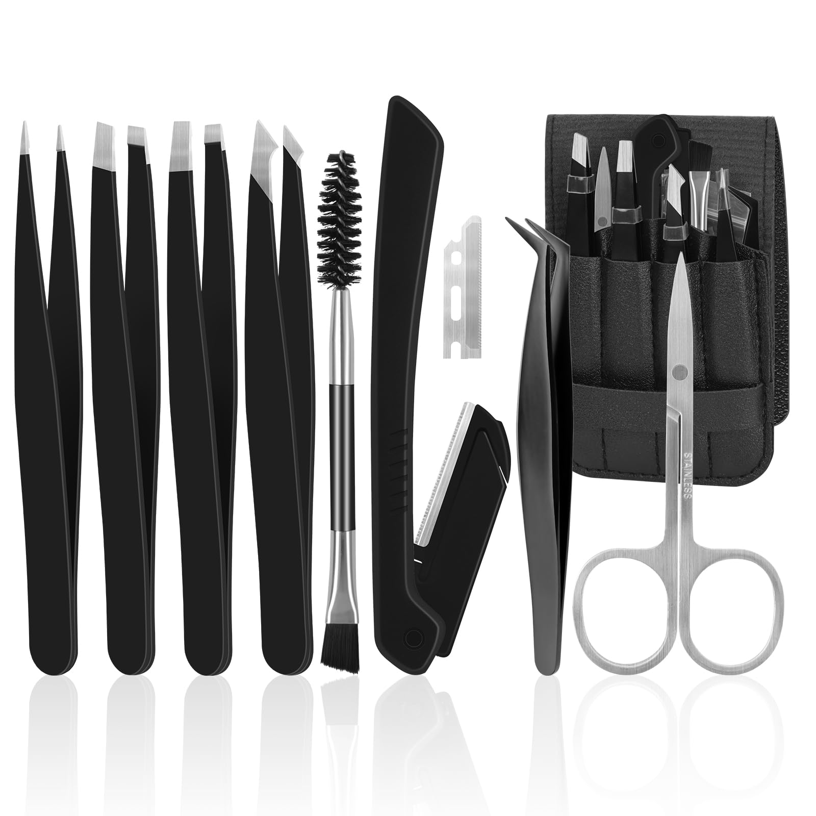 BELICOO Pinzetten für Gesichtshaare Damen und Herren, 11-teiliges Präzisionspinzetten-Set aus Edelstahl mit Etui, Schere, Rasierer für eingewachsene Haarentfernung, Wimpernverlängerung