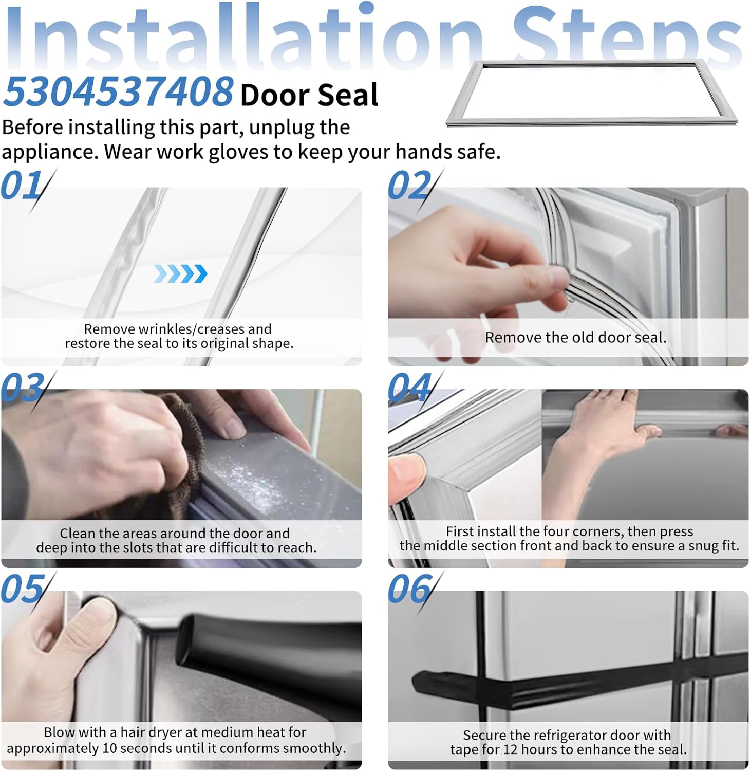 5304537408 Refrigerator Freezer Door Gasket Replacement For Frigidaire Electrolux Kenmore Fridge Door Seal Gasket Replaces Part 241778308, 5304501270, 5304502761, 5304502762