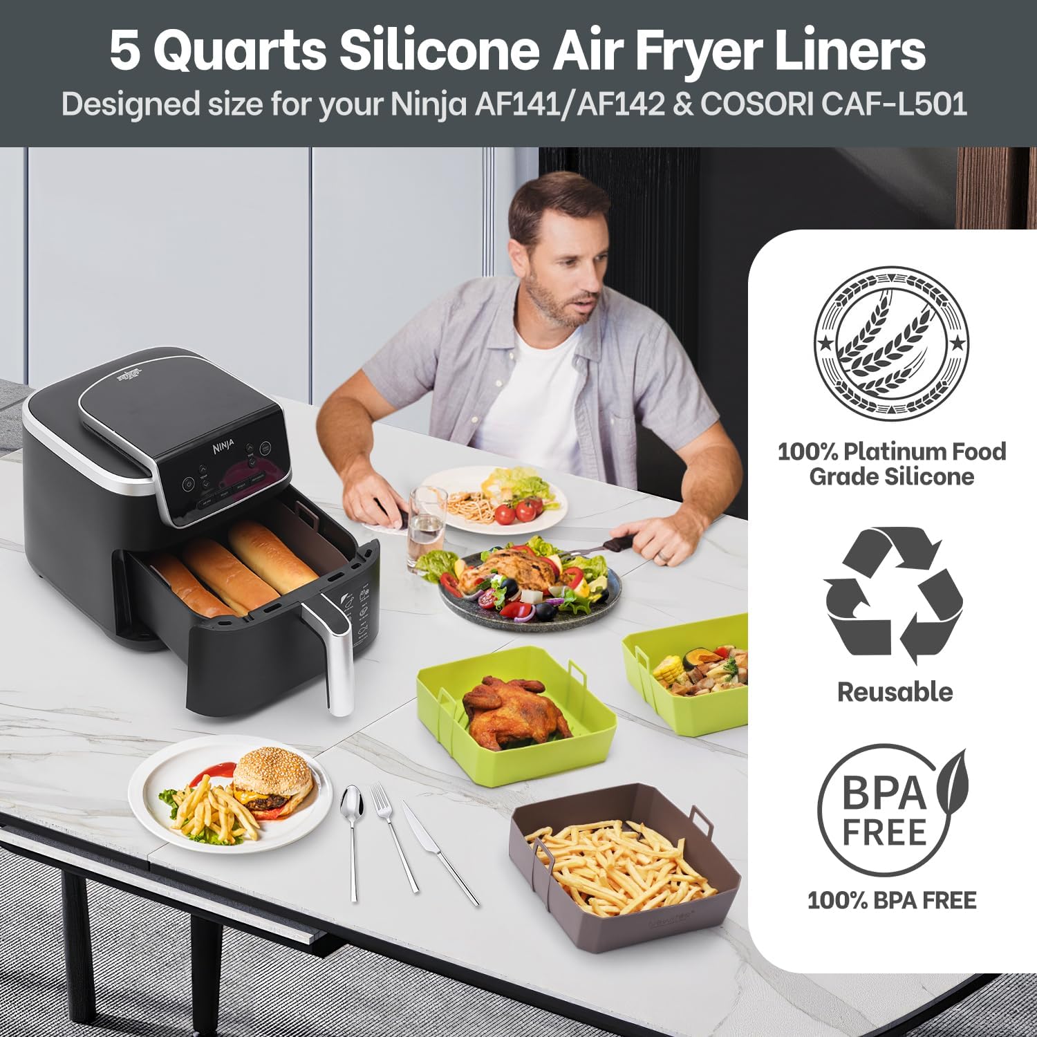 5QT Air Fryer Silicone Liners for Ninja AF141/AF142 & COSORI CAF-L501, Square Reusable Air Fryer Liners with Handle, 2 Pack BPA Free Platinum Silicone Basket, Upgrade - Image 2