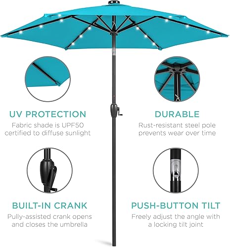 Vista 33 de Best Choice Products - Sombrilla solar de 7.5 pies para exteriores, patio, mesa, mercado, terraza, piscina con inclinación, manivela, luces LED