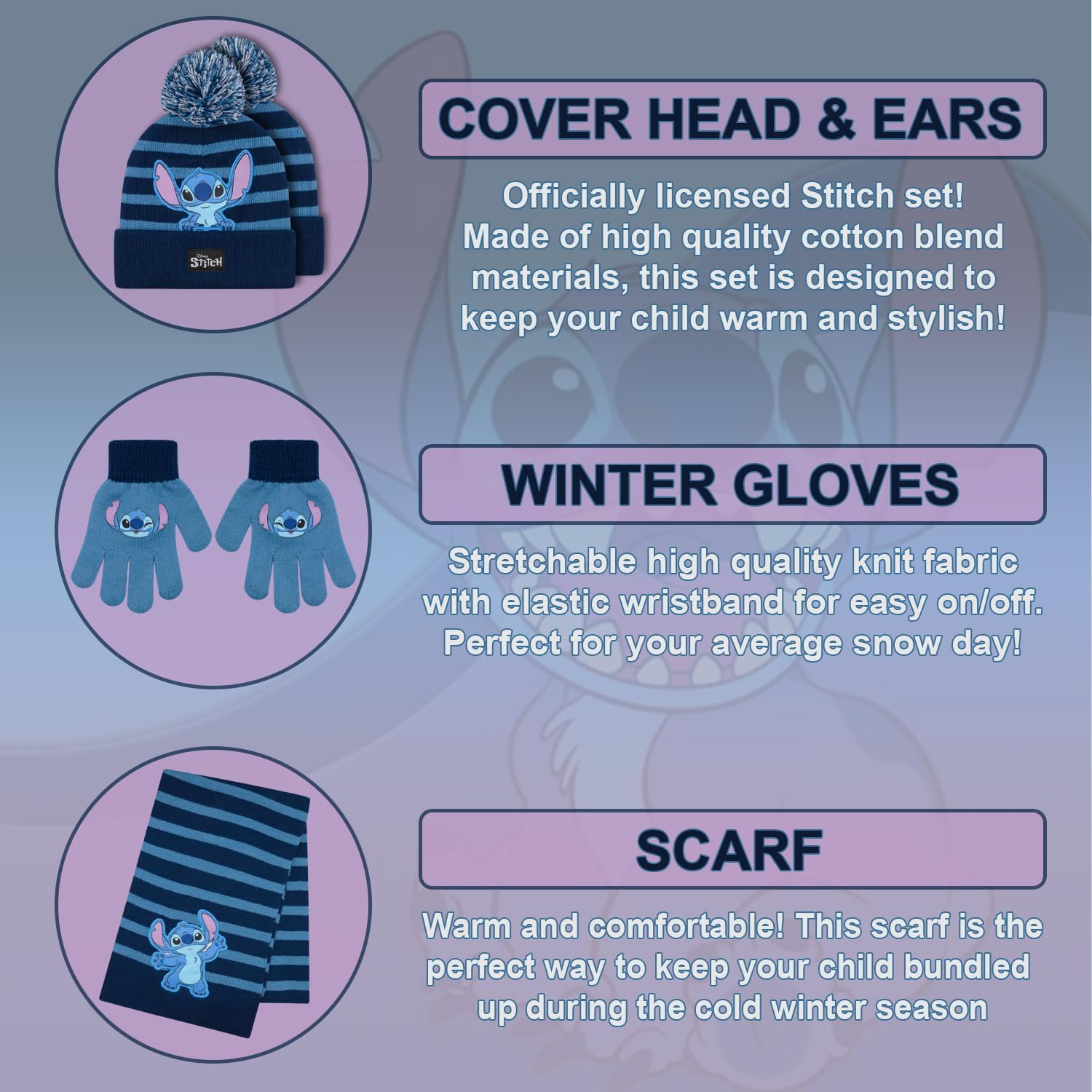 Disney Lilo and Stitch Kids Beanie Hat and Glove Set for Girls – Blue Stitch Hat for Girls Ages 5-13 - Image 2