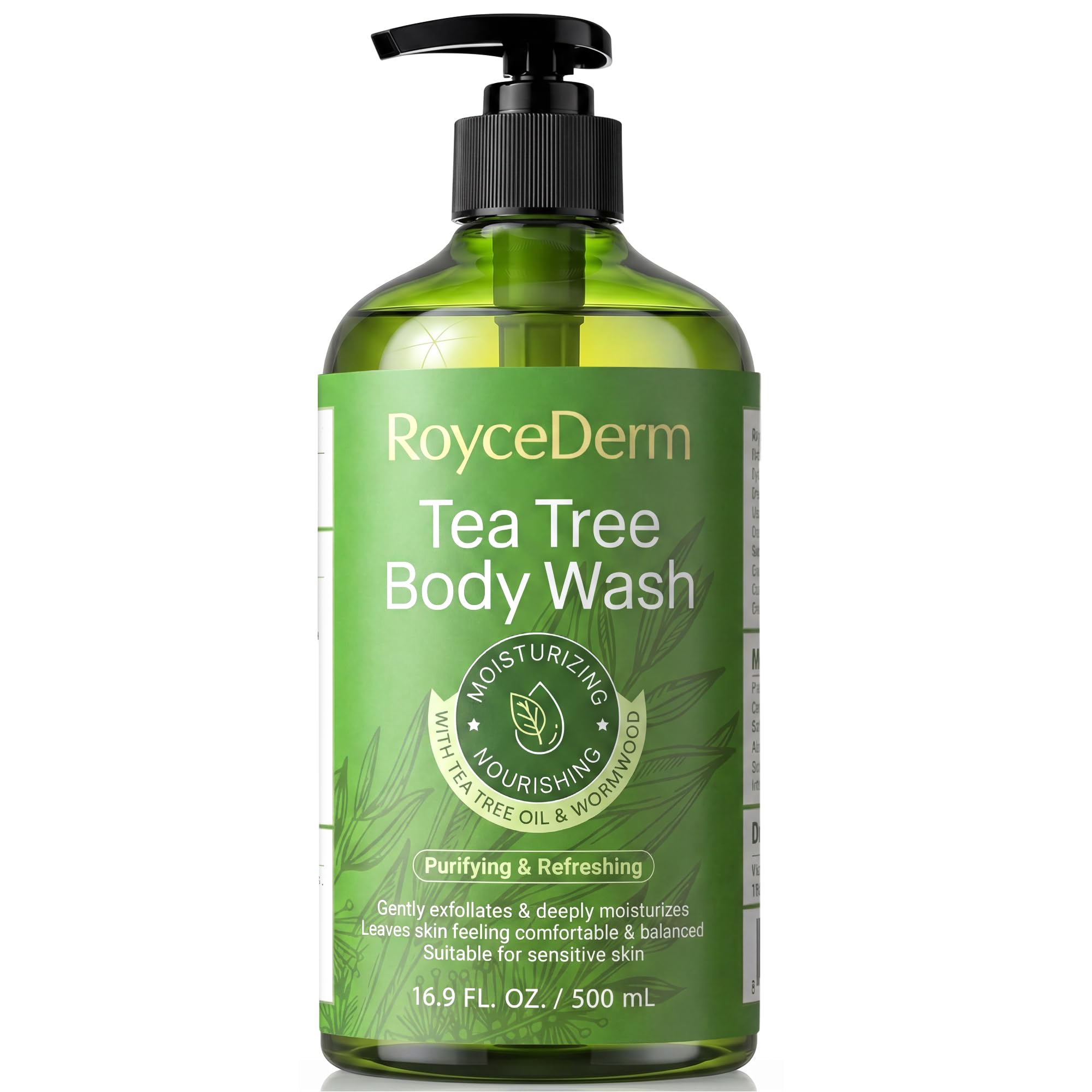 Roycederm Tea Tree Body Wash & Soap, Purifying and Refreshing Body Cleanser with Tea Tree Oil & Wormwood, Moisturizing Body Wash Helps Soothe Skin, Suitable for Men and Women, 16.9 Fl Oz