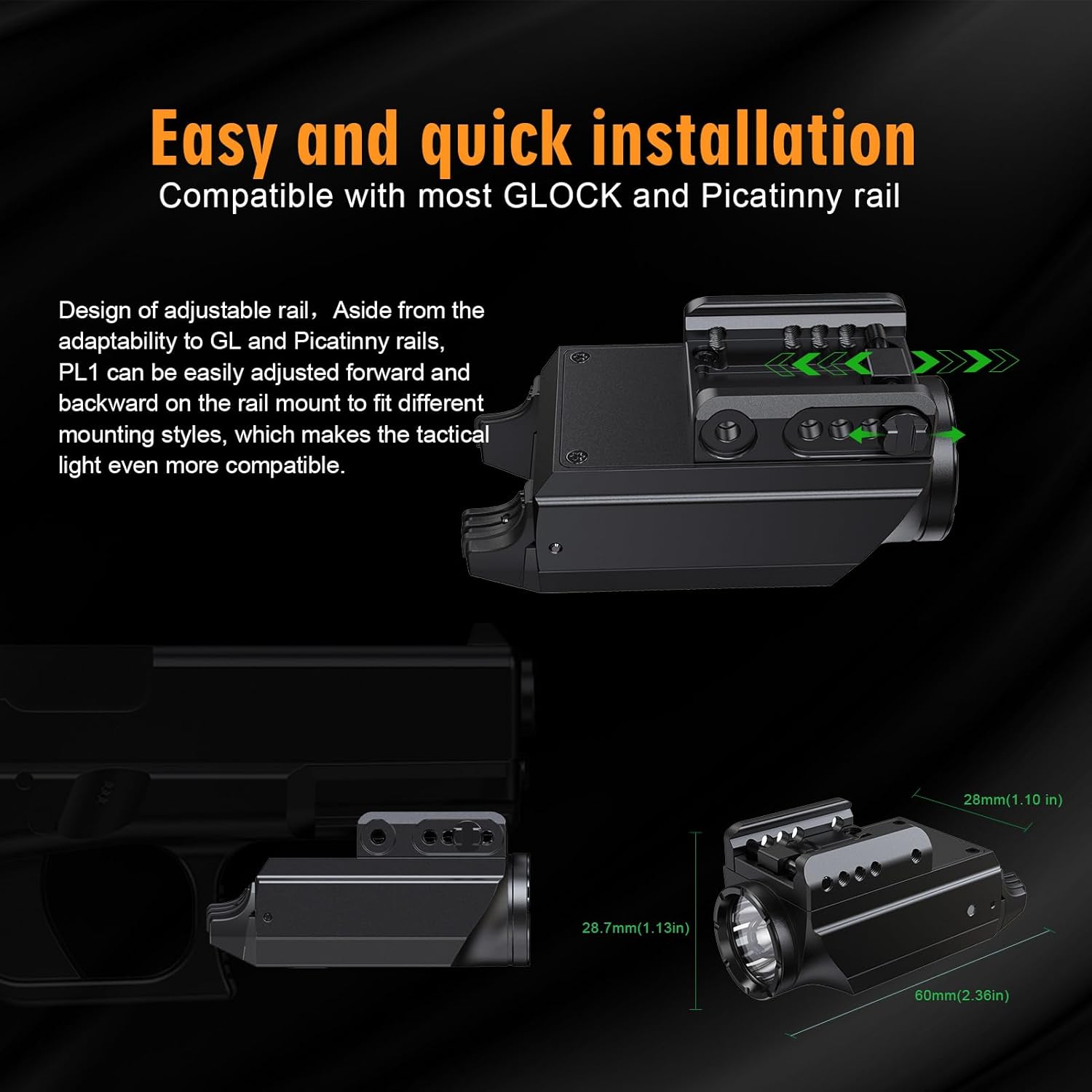 VTIGER Compact LED Weapon Light, 1000 Lumen 984 FT Long Range Mini Pistol Light, Adjustable Rail Locating Small Tactical Flashlights Compatible with GL, 1913 Picatinny, Weaver Rails IPX6