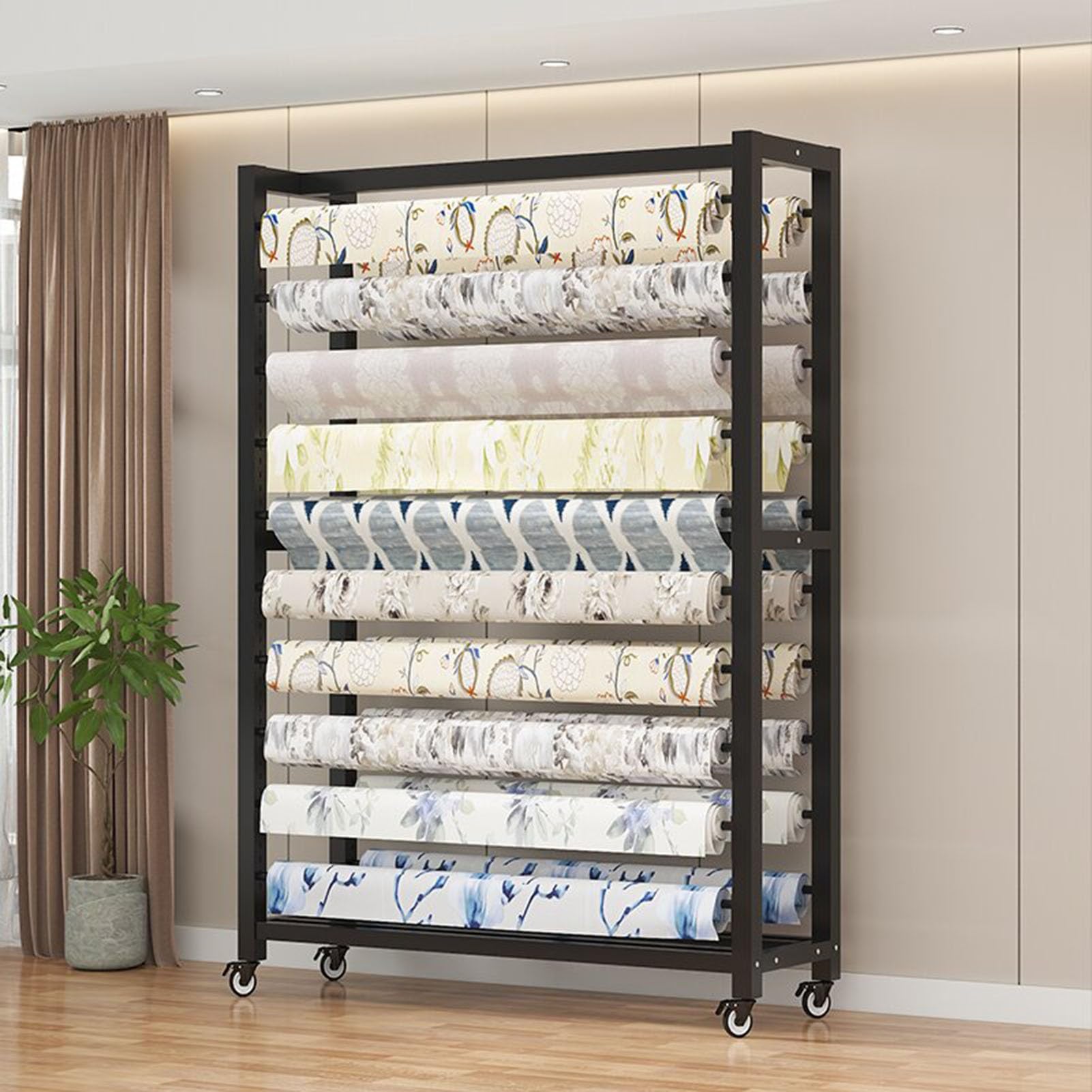 Commercial Fabric Roll Storage Rack with Adjustable Hanging Rod, Movable Heavy Duty Steel Organiser Holder with Wheels for Vinyl Rolls / Leather Rolls / Window Film / Wallpaper Displays(20 rods,176cm(
