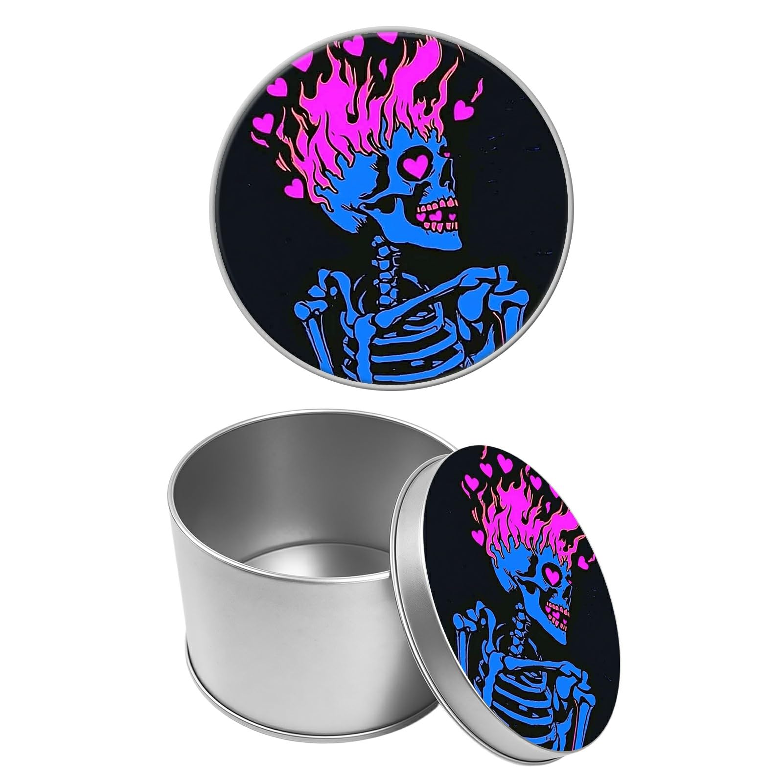 Round Metal Tin Container with Removable Lid, Pink Heart Skull Durable Metal Storage Box for Cookies Spices Tea Candies Cakes Jewelry Cosmetics 3.54 x 2.36 inch– Single Pack