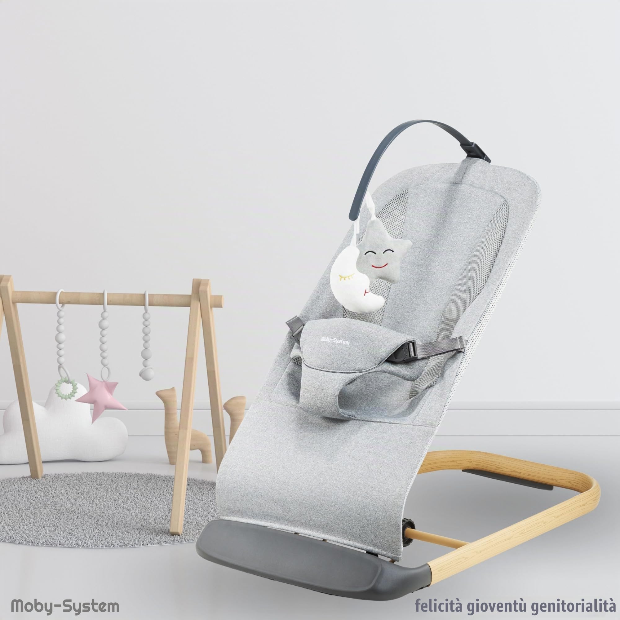 Moby-System Sdraietta 2 in 1 Lily per Bambini Fino a 9 kg, Regolabile in 3 Fasi, Inclusi Giocattoli e Fascia per la Testa, Rete Leggera e Traspirante per Neonati