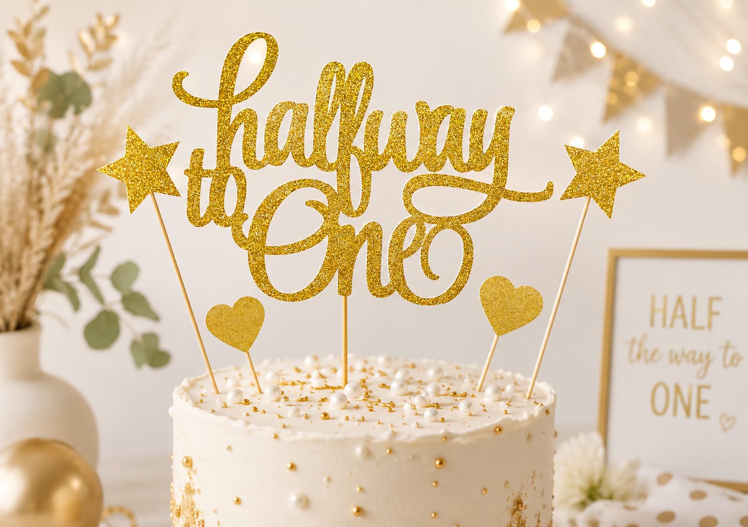 SVM CRAFT® Gold Glitter 1/2 Way to One Cake Topper - Happy 6 Months Cake Topper - Half a Year Party Decors - Six Months Old Party Decorations - Happy 1/2 Birthday Photo Props-image-36