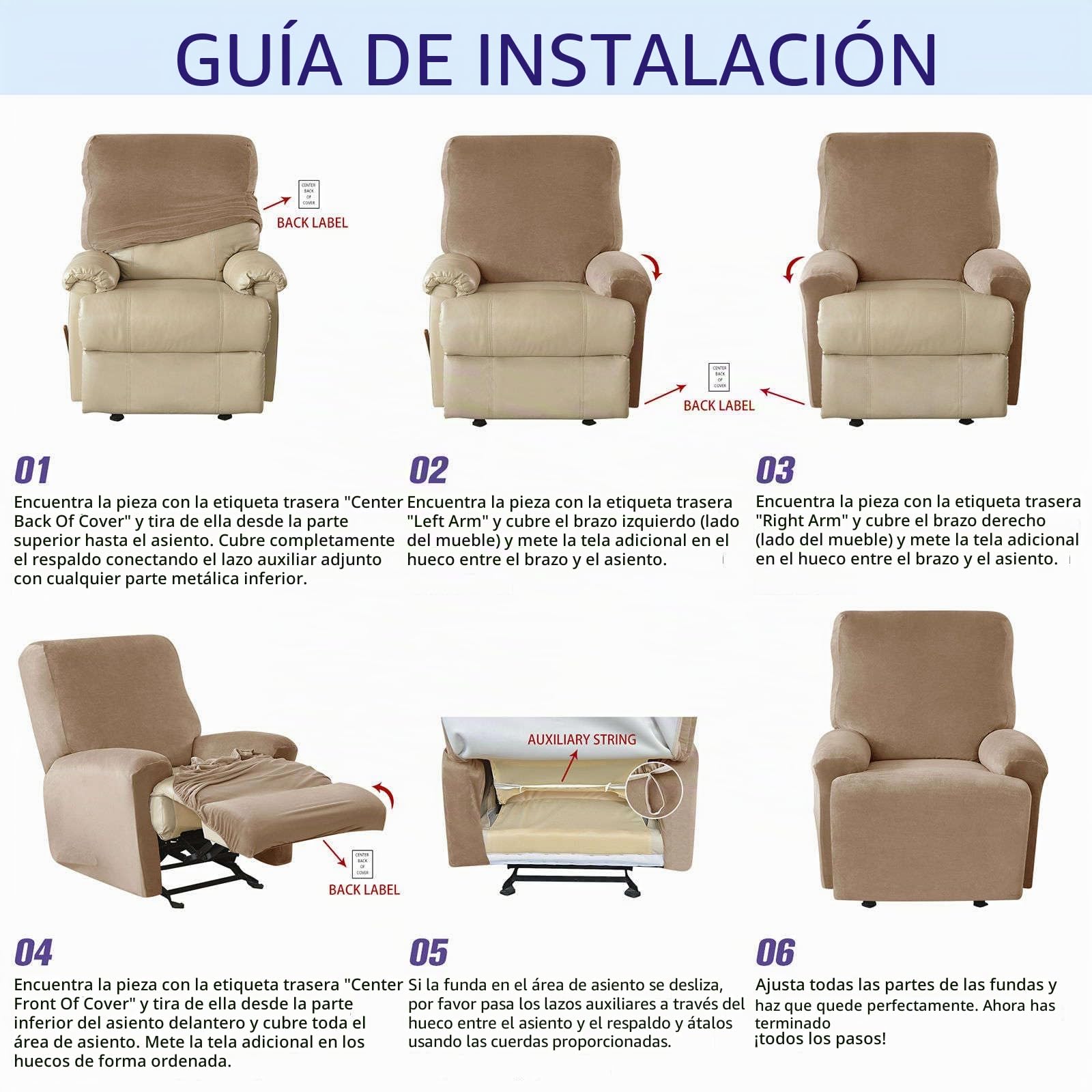 Funda Sillon Relax Reclinable-Camello-1 Plaza | 4 Piezas Funda De Sillón Relax Elástica Con bolsillos Antideslizante Lavable para Perros y Mascotas