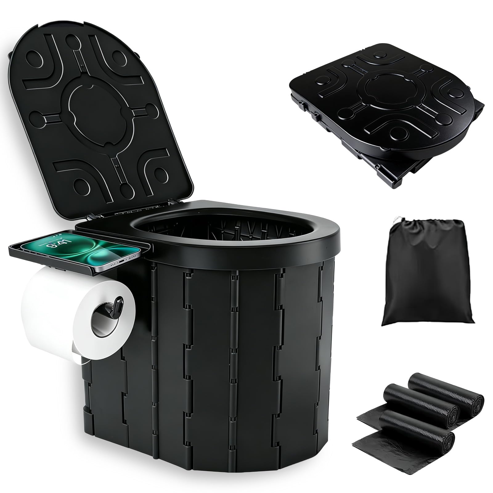 MEETOZ Toilettes portables, toilettes de camping pliables améliorées avec couvercle, toilettes de pêche, équipées d'un support de téléphone et d'un support de mouchoirs, parfaites pour le camping, les