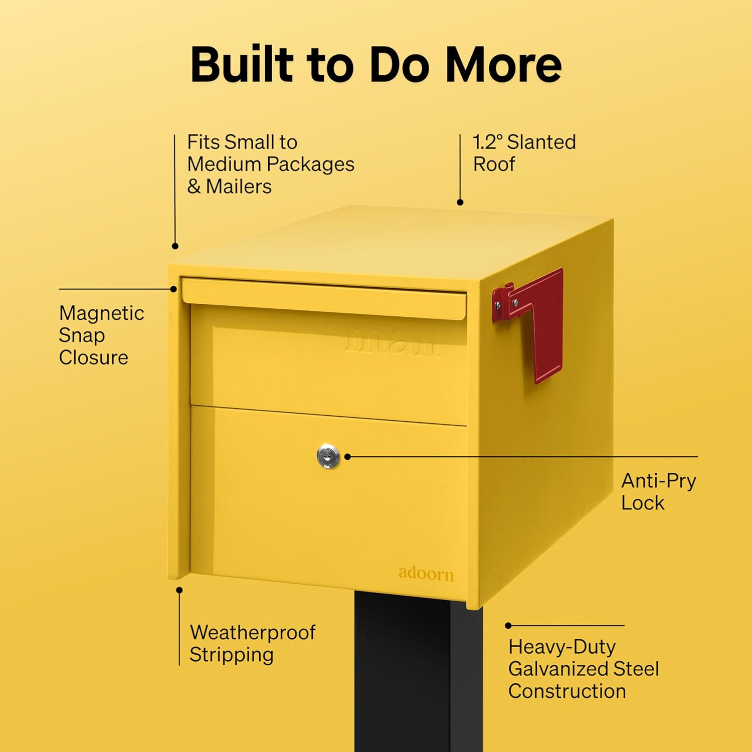 adoorn Lockable Post Mount Mailbox | Small (Curb Yellow), Size 12 x 12 x 18.5 (HxWxD) Anti-Theft Locking Mailbox with 2 Keys, Modern Mailbox with Flag, Weatherproof Mailboxes for Outside