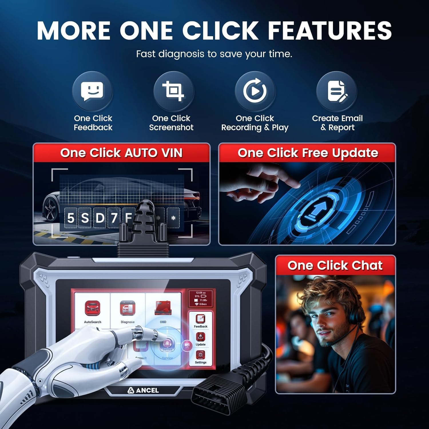 ANCEL DS160 showing 'One Click Free Update' feature along with Auto VIN, Screenshot, Recording & Play, and Email & Report options.