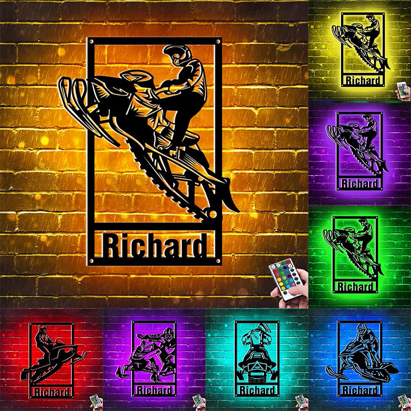 Personalized Snowmobile Metal Sign With LED Light, Custom Name Snowmobiler Wall Decor, 16 Colors Lights Snowmobile Jump Sign, Home Office Living Room Decor Winter Sport Christmas Birthday Gift