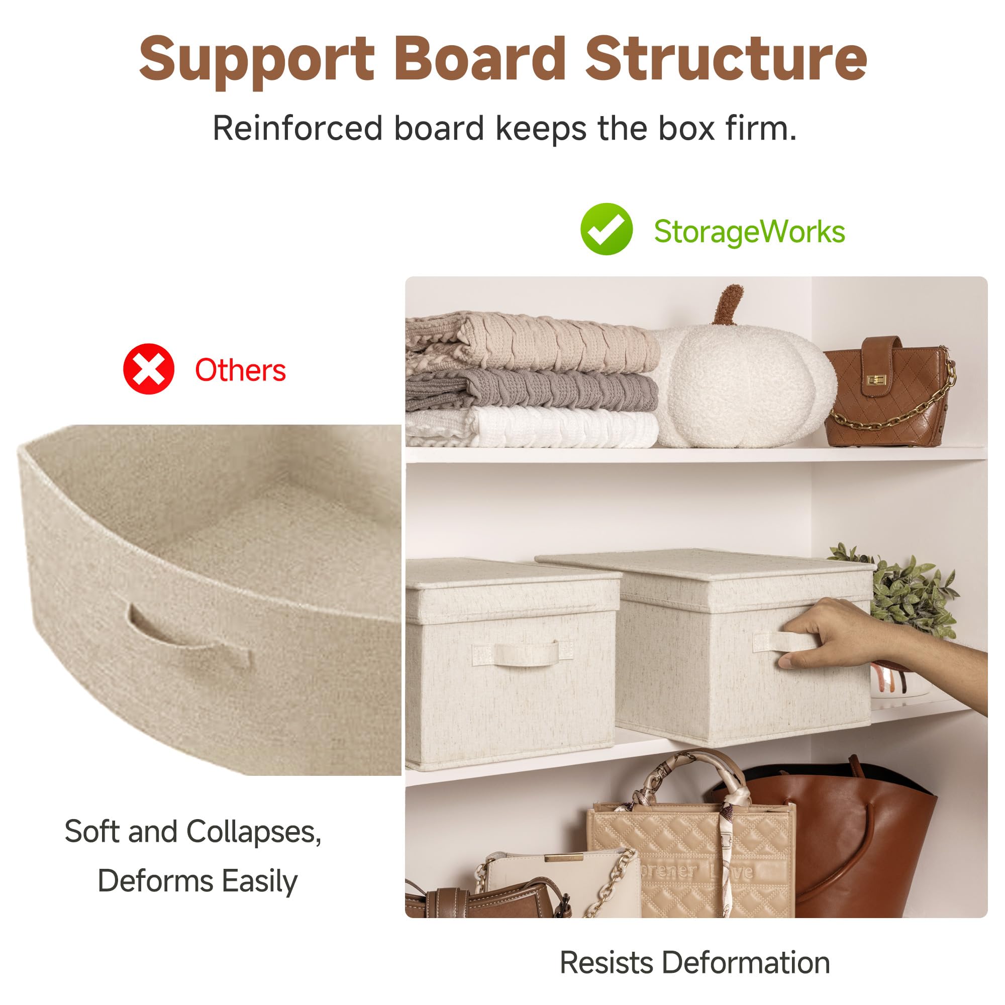 StorageWorks Cesto portaoggetti con coperchio, scatole decorative con manici in poliuretano, cesti portaoggetti impilabili in tessuto per armadi, scaffali, beige (lino di cotone), confezione da 3