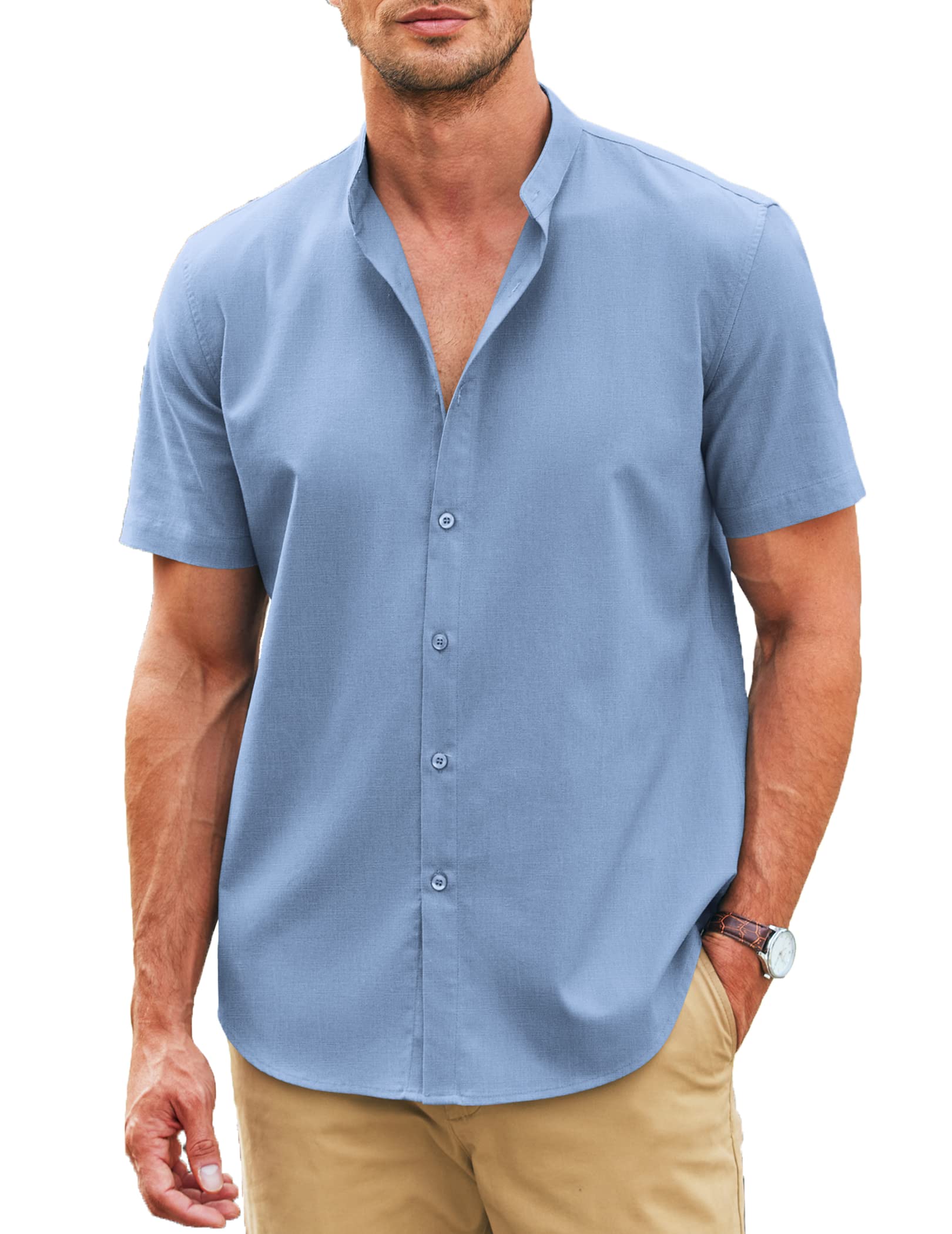 COOFANDYMen's Casual Linen Shirt Band Collar Short Sleeve Button Down Shirt
