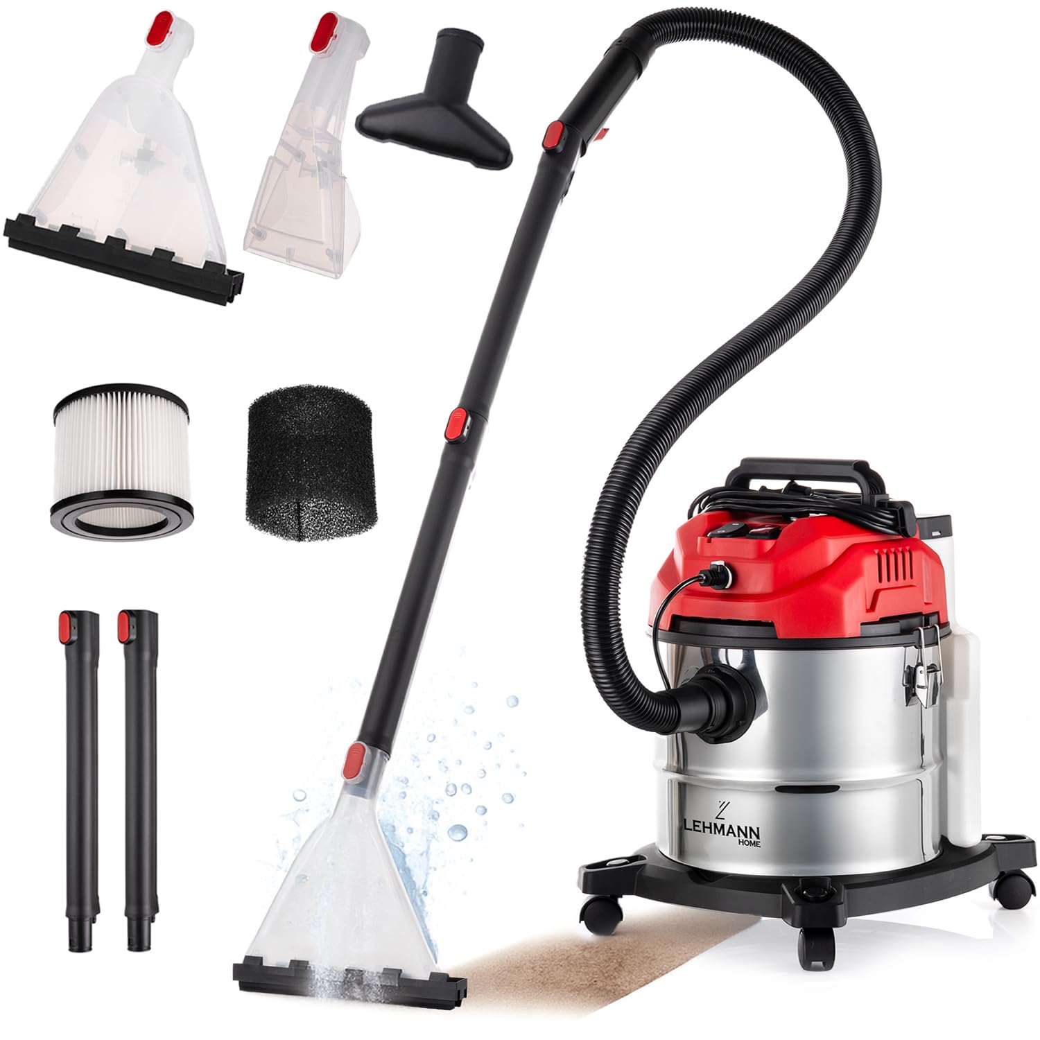 LEHMANN Waschsauger mit 20L-Behälter - 1600W - Polsterreiniger Gerät mit HEPA-Filter - 4,3L Reinigungsmitteltank - Teppichreiniger mit Sprühfunktion - Nass-/Trockensauger für Teppich und Polster