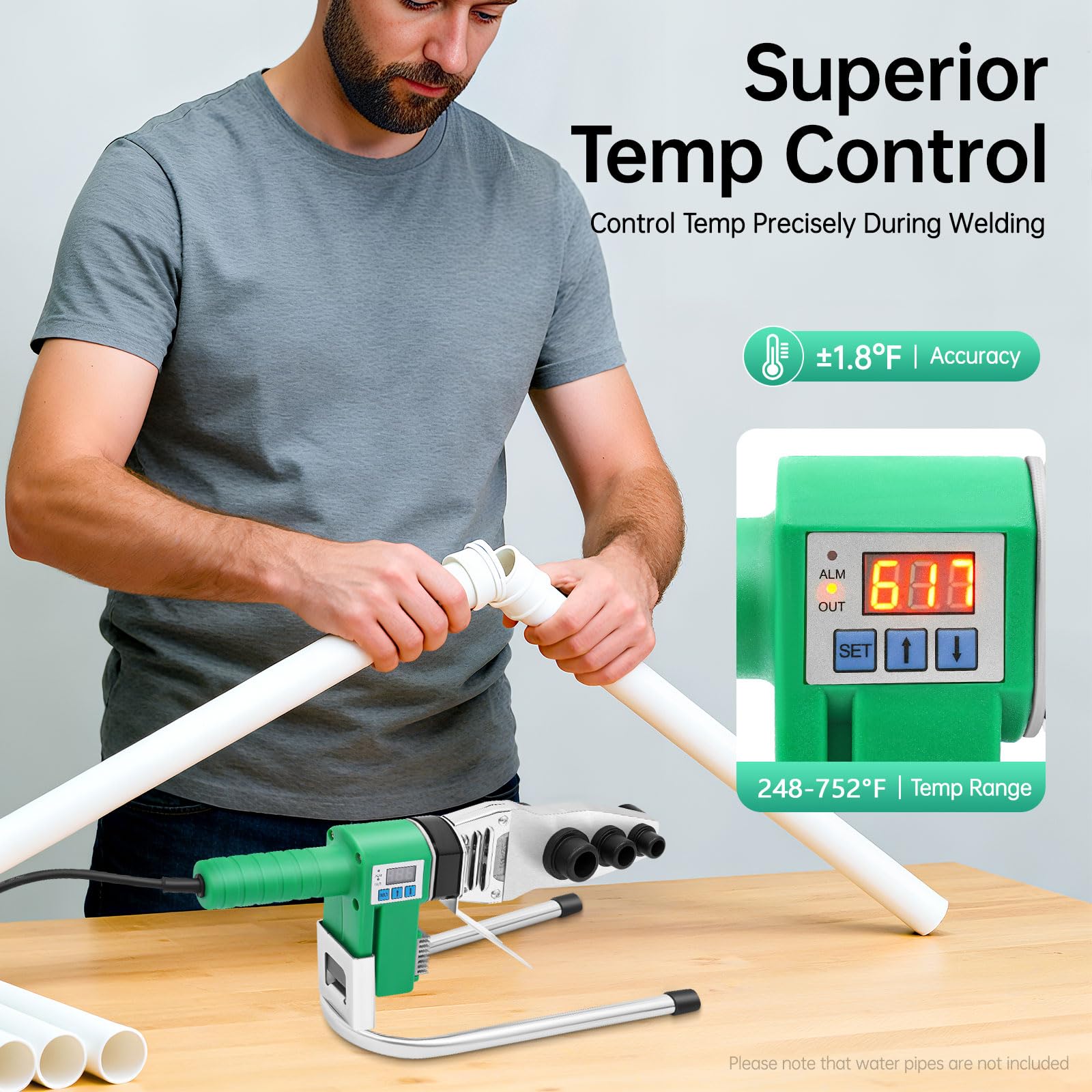 Máquina Soldadura Tubo PPR, Herramientas Plomería Termofusión, 1500W Control Temperatura Precisa 3 Cabezales Ø20/25/32mm, Pantalla LED, Soldadura Tubos PE PP HDPE, Astillero Taller Casa