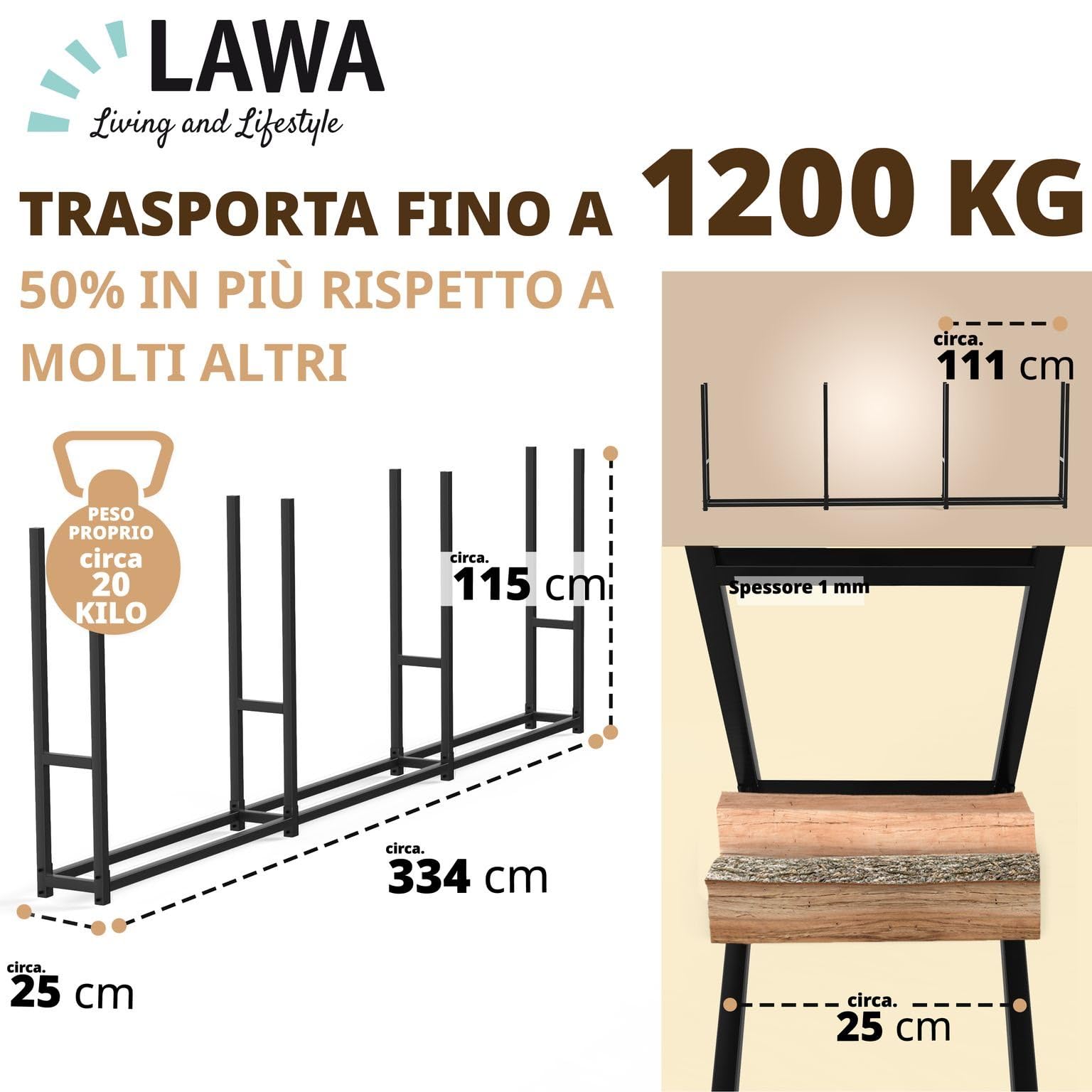 Portalegna da esterno in metallo zincato 335 x 25 x 115 cm legnaia salvaspazio per legna da ardere porta legna per ciocchi da 25 a 33 cm giardino terrazzo XXL nero