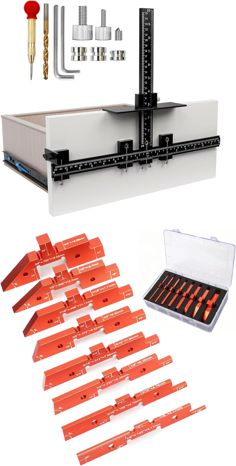 Cabinet Hardware Jig Tool& Router Setup Bars:All-Aluminum Adjustable Drill Jig for Handles/Pulls + 8-Piece Precision Setup Bars for Table Saw & Router Height/Depth Setting