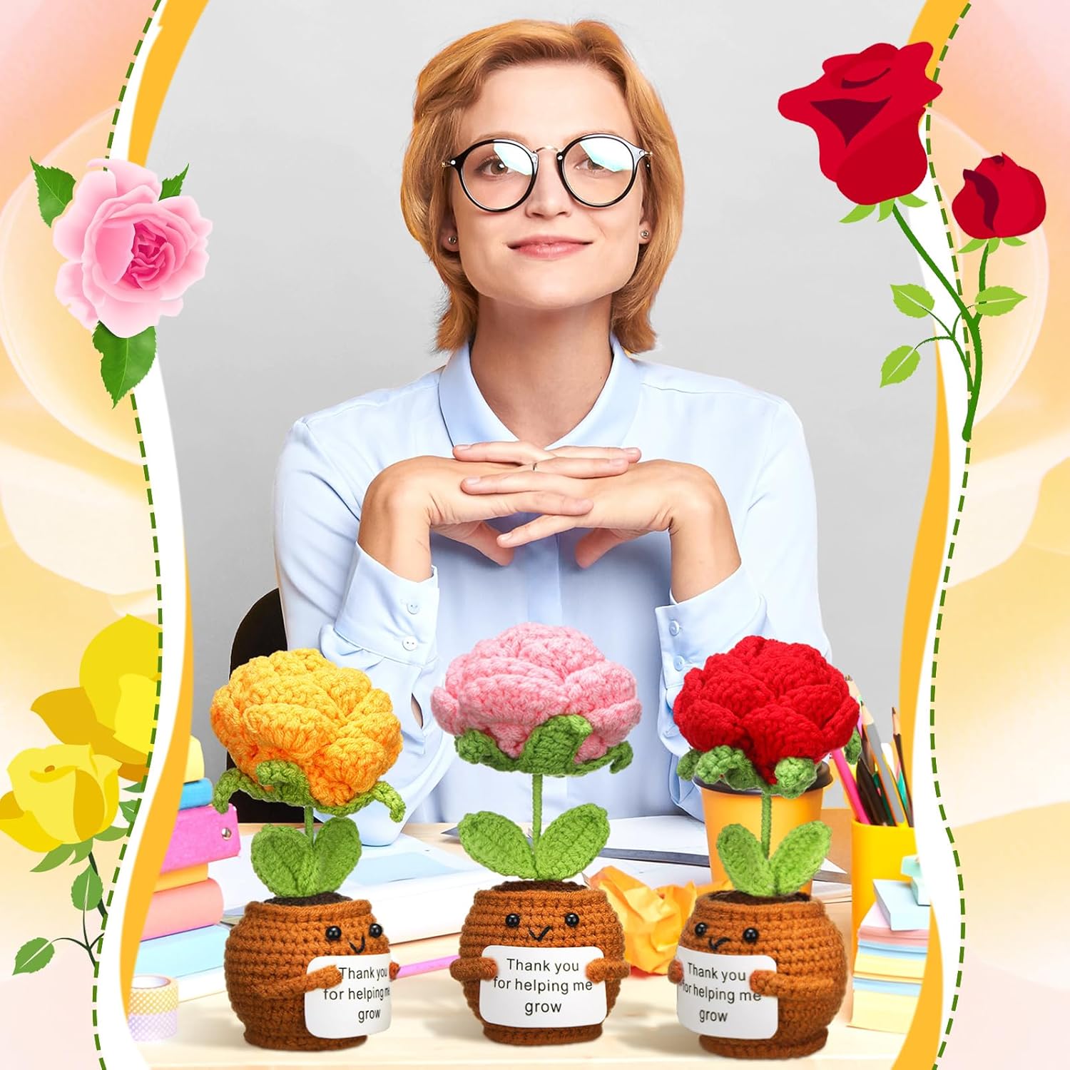 3 Pcs Teacher Appreciation Gifts Positive Flower Handmade Crochet Doll Thank You for Helping Me Grow Gift for Women Teacher Appreciation Week End Year(Rose Flower) - Image 6