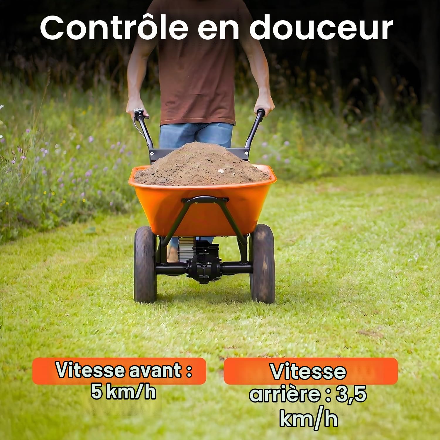 SuperHandy Brouette Électrique – Batterie Li-ION 48V, Capacité 150kg, Bac en Acier Revêtu de Poudre de 85L, Chariot Utilitaire pour Matériaux et Débris | Bac en acier thermolaqué robuste; idéal pour transporter matériaux, outils et débris dans le jardin e
