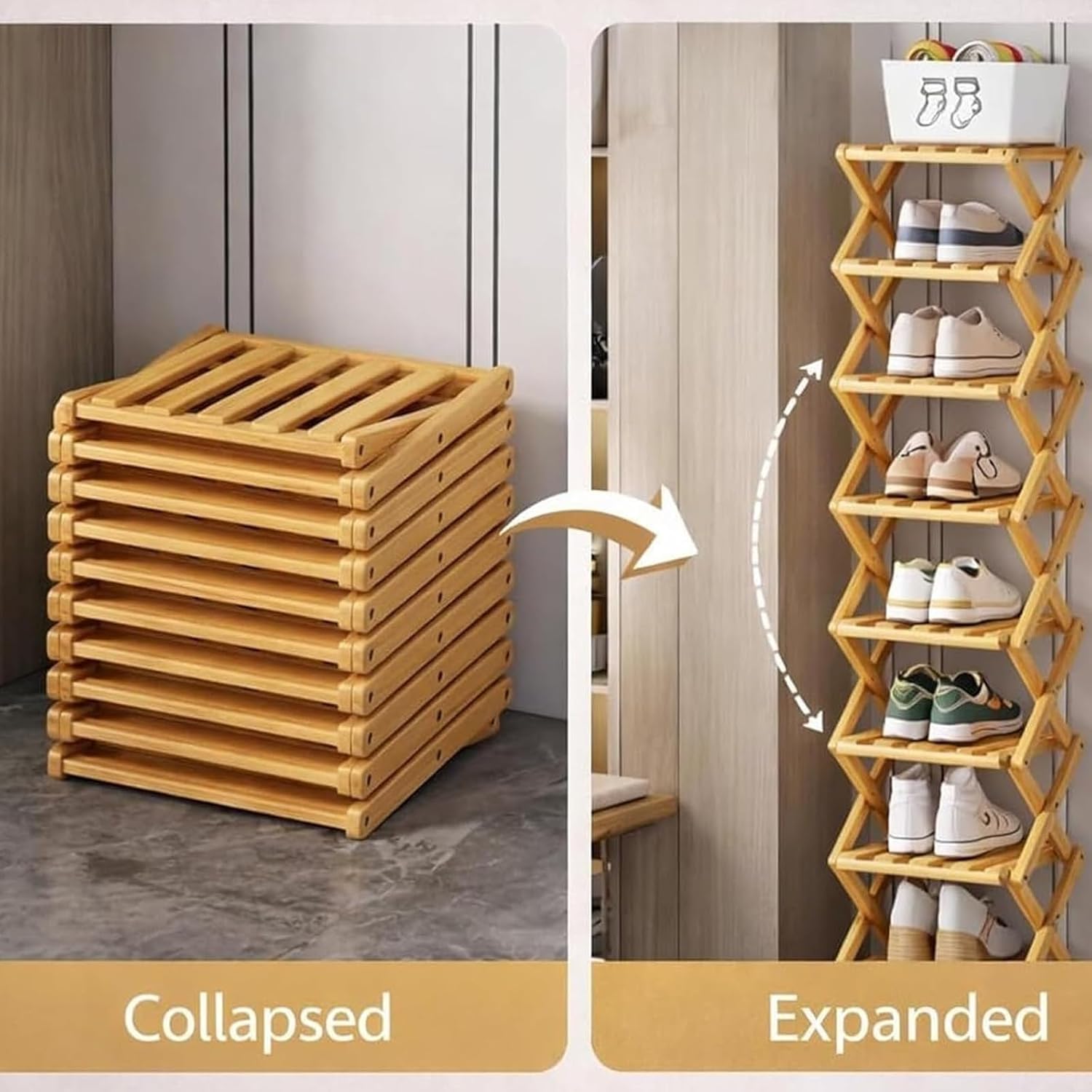 The 9-Tier No-Assembly Bamboo Rack, 2 3 4 5 6 7 8 9 Tier Bamboo Shoe Rack, Foldable Bamboo Vertical Shoe Organizer, Space Saving Collapsible Wooden Shoe Rack for Entryway(Brown,7-Tier)