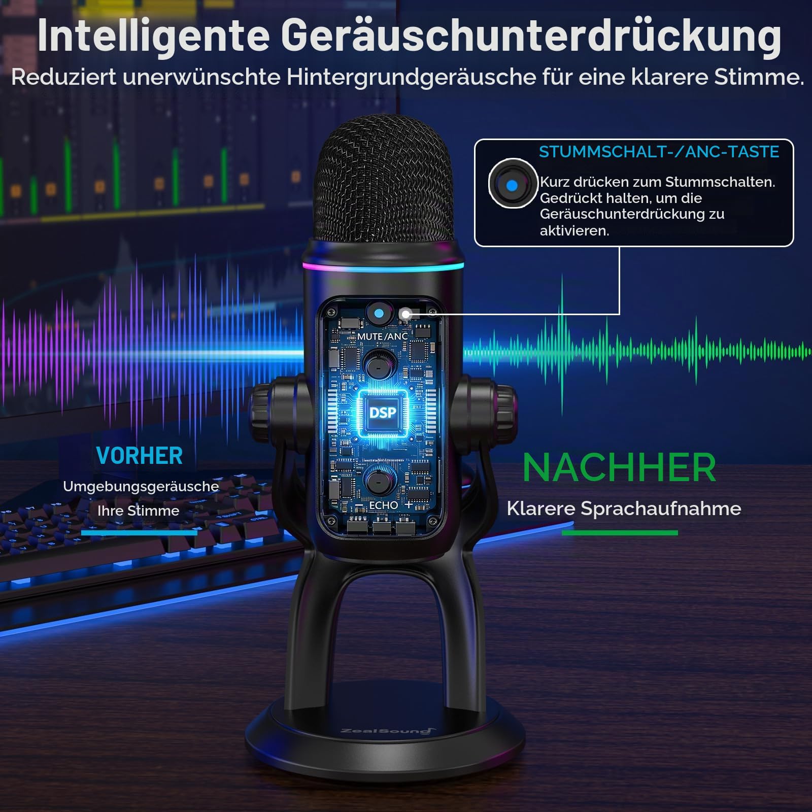 zealsound USB Mikrofon für PC & Smartphone, Plug & Play Podcast Mikrofon mit Rauschunterdrückung, Stummschaltung & Verstärkungsregelung, Desktop Kondensatormikrofon für Gaming, Streaming & Aufnahmen