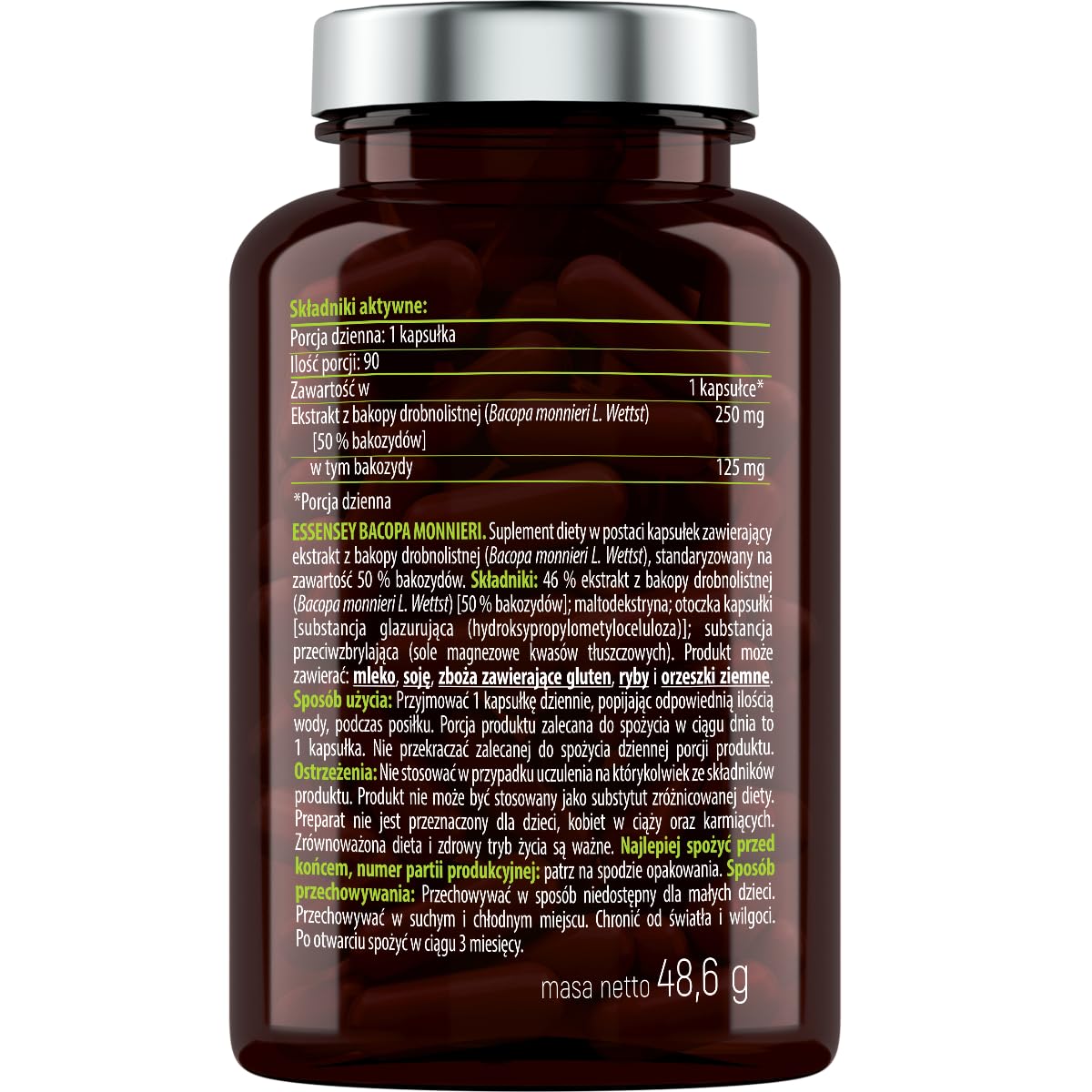 ESSENSEY - Bacopa Monnieri I 250 mg I 90 Kapsułek I 50% Bakozydów I Ekstrakt z Bacopa Monnieri I Dla wegetarianI 90 Dniowych porcji