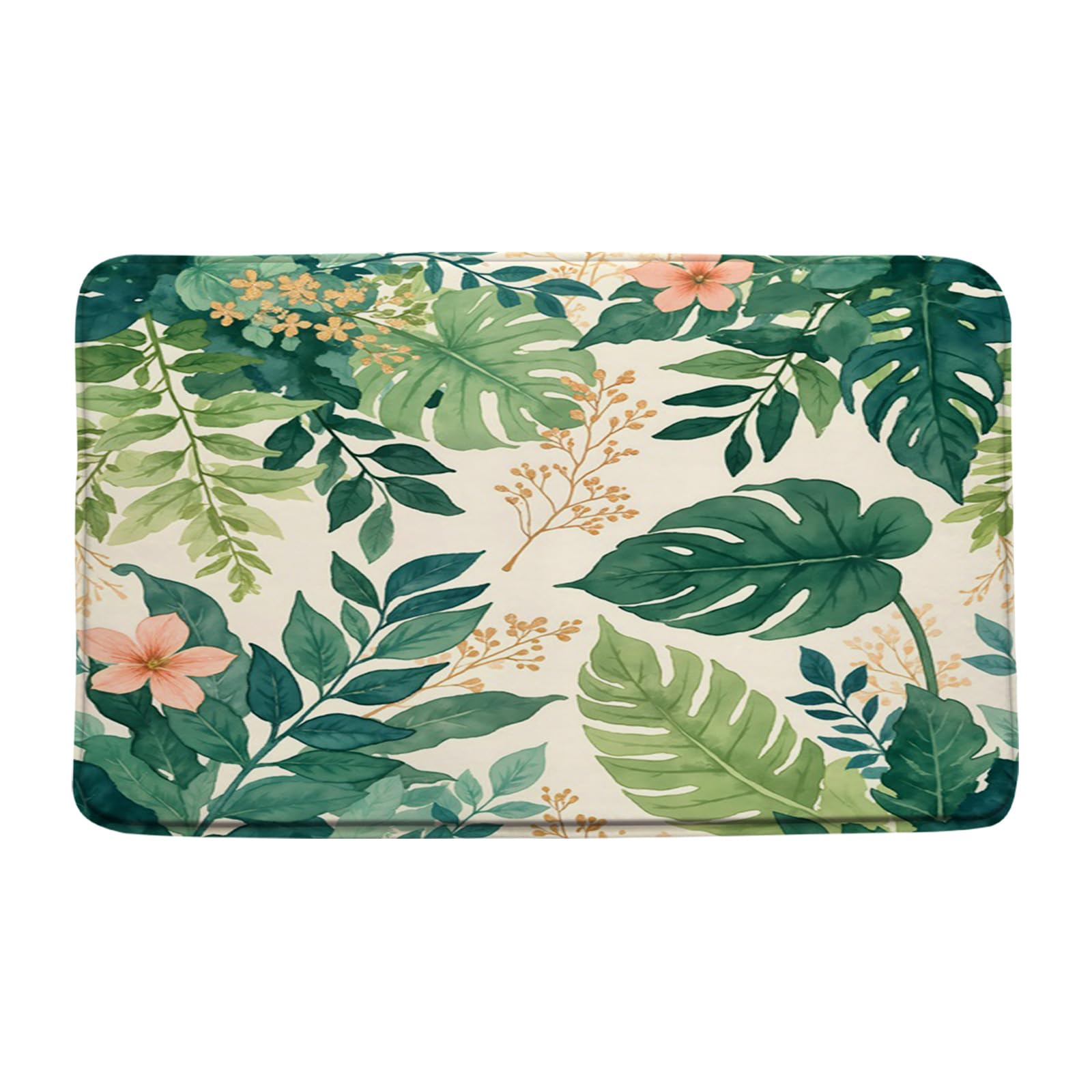 Tropical Green Leaf Bath Mat,Palm Leaves Floral Hibiscus Plant Watercolor Bathroom Kitchen Runner Rug,18x30 Inch