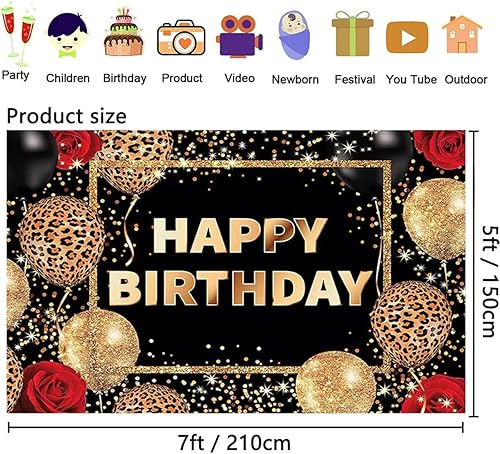Miniatura 8 de Telón de fondo de feliz cumpleaños con estampado de leopardo negro y dorado, globos de guepardo, rosa roja, decoraciones de cumpleaños para mujeres