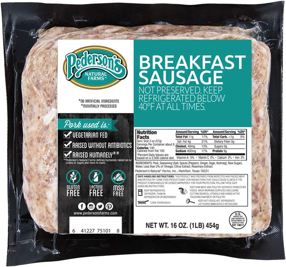 Pederson's Farms, Breakfast Sausage Brick, Whole30 (10 Pack) 16oz - Ground Pork Sausage, No Nitrates or Nitrites, Gluten Free, Made in the US
