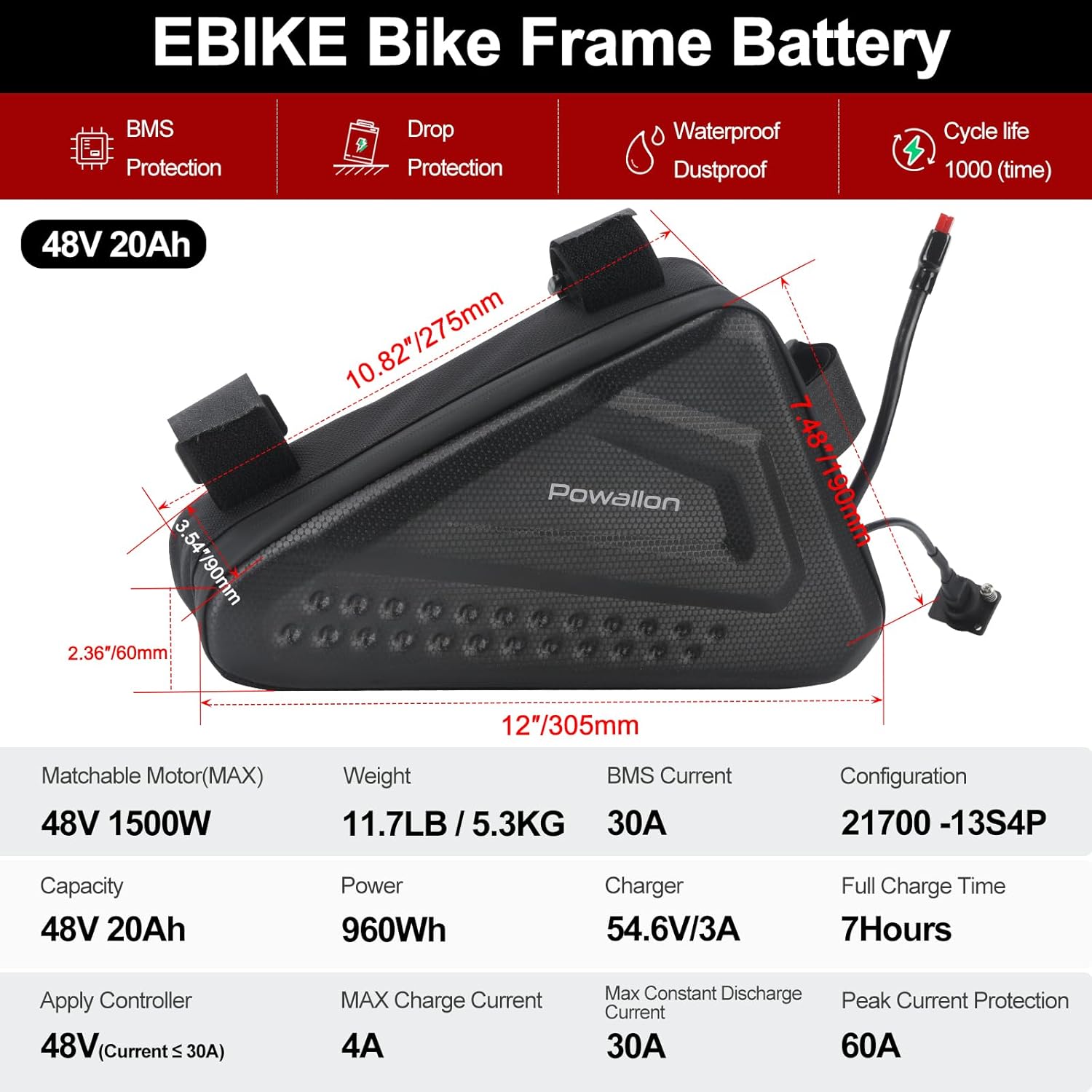 Specifications for a 48V 20Ah Ebike Bike Frame Battery (bag type)