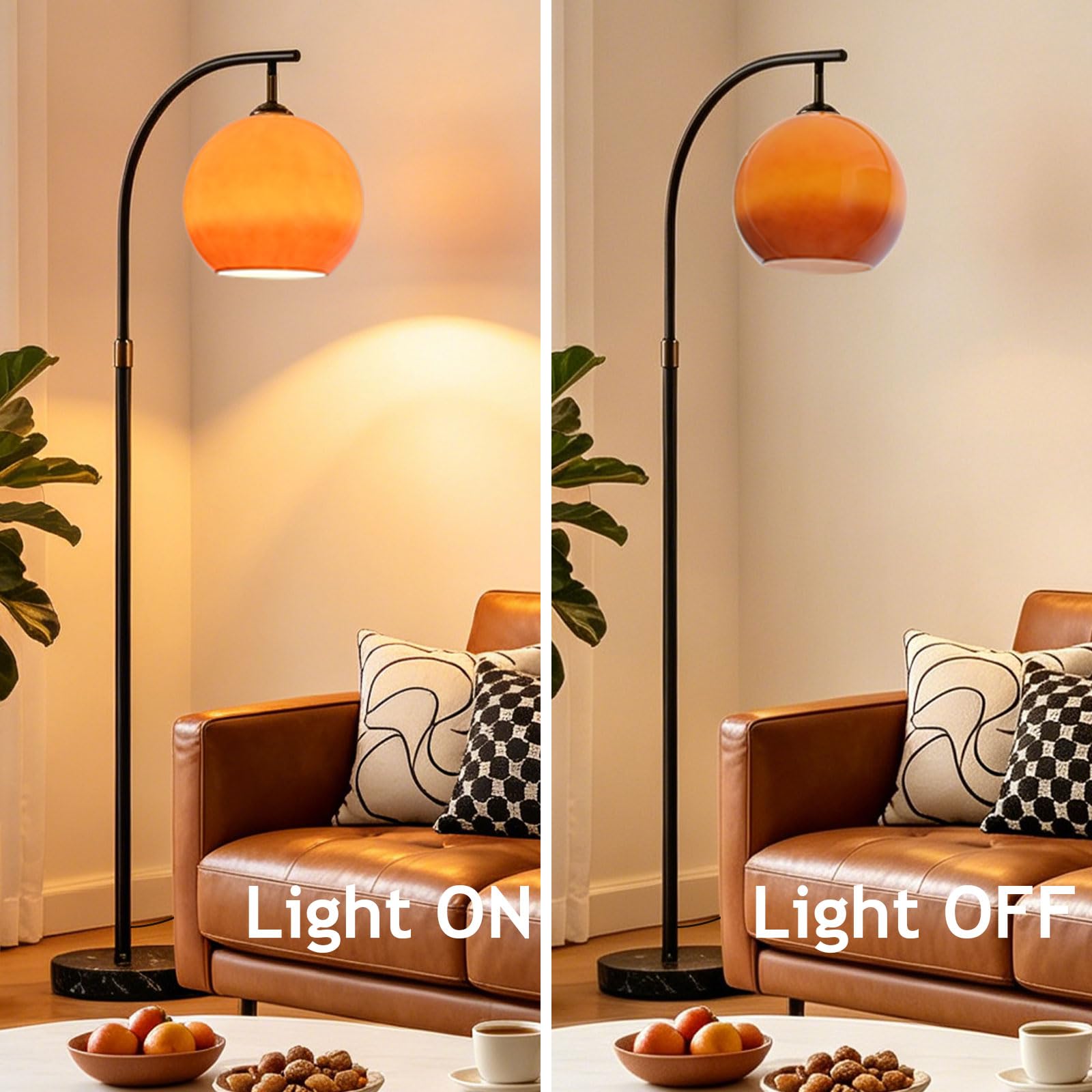 Lampe Sur Pied Arc Mid-Century Modern Orange, Hauteur Réglable, Globe En Verre, Douille E27, 3 Températures, Base En Marbre, Pour Salon, Chambre Ou Bureau (Ampoule Incluse)
