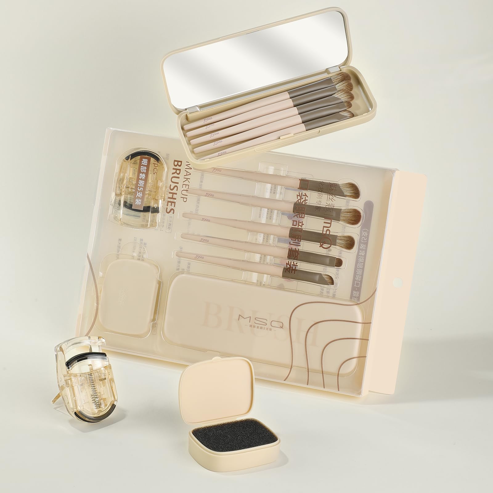 MSQ Juego de 5 pinceles de maquillaje para días con espejo de maquillaje | 1 rizador de portátil, 1 cepillo de maquillaje caja de esponja de limpieza