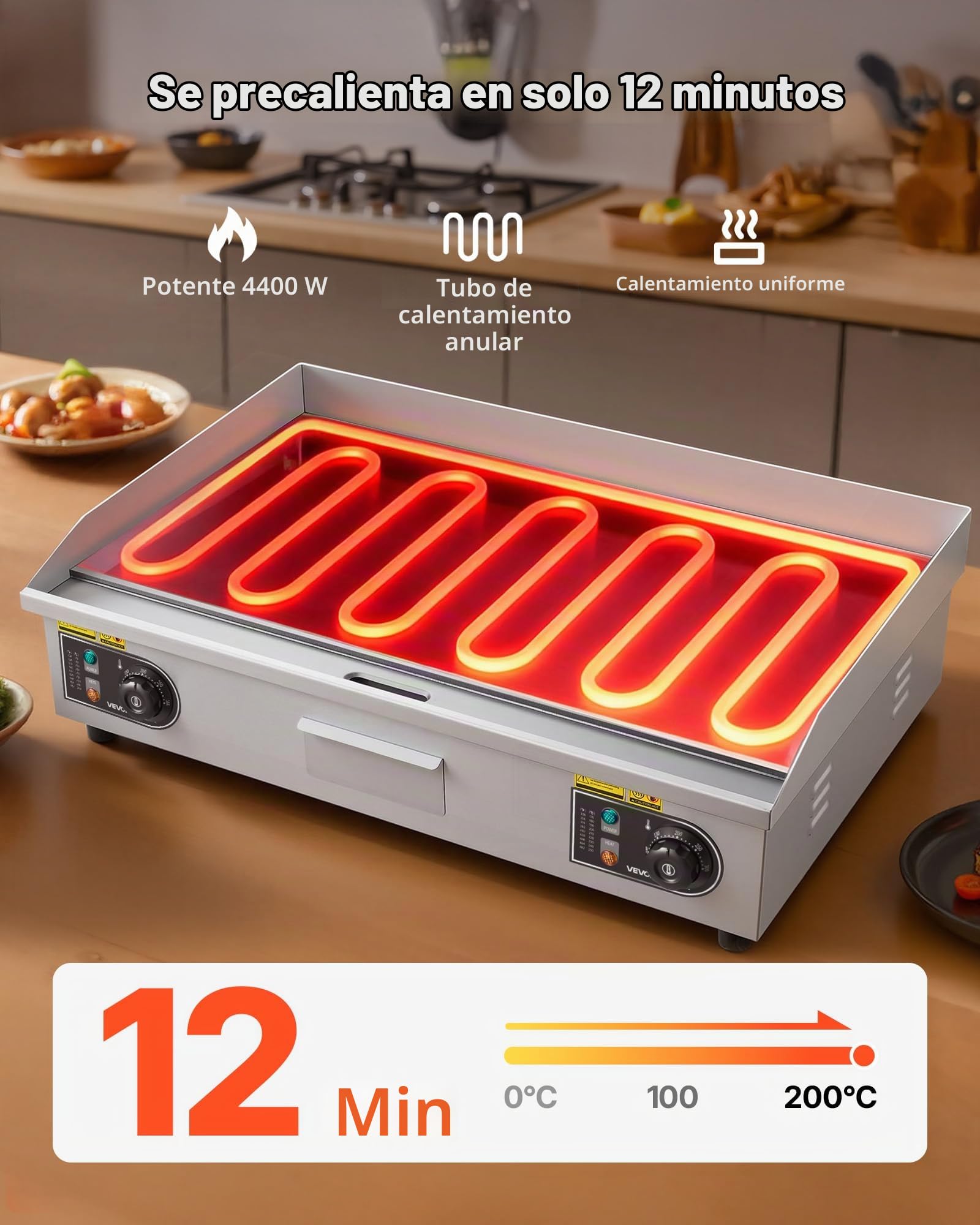 VEVOR Plancha Eléctrica Profesional 725x400 mm 4400 W, Termostato Ajustable de 50 a 300 °C, Placa con Protección contra Salpicaduras, Cuerpo de Acero Inoxidable, para Uso en Interiores y Exteriores