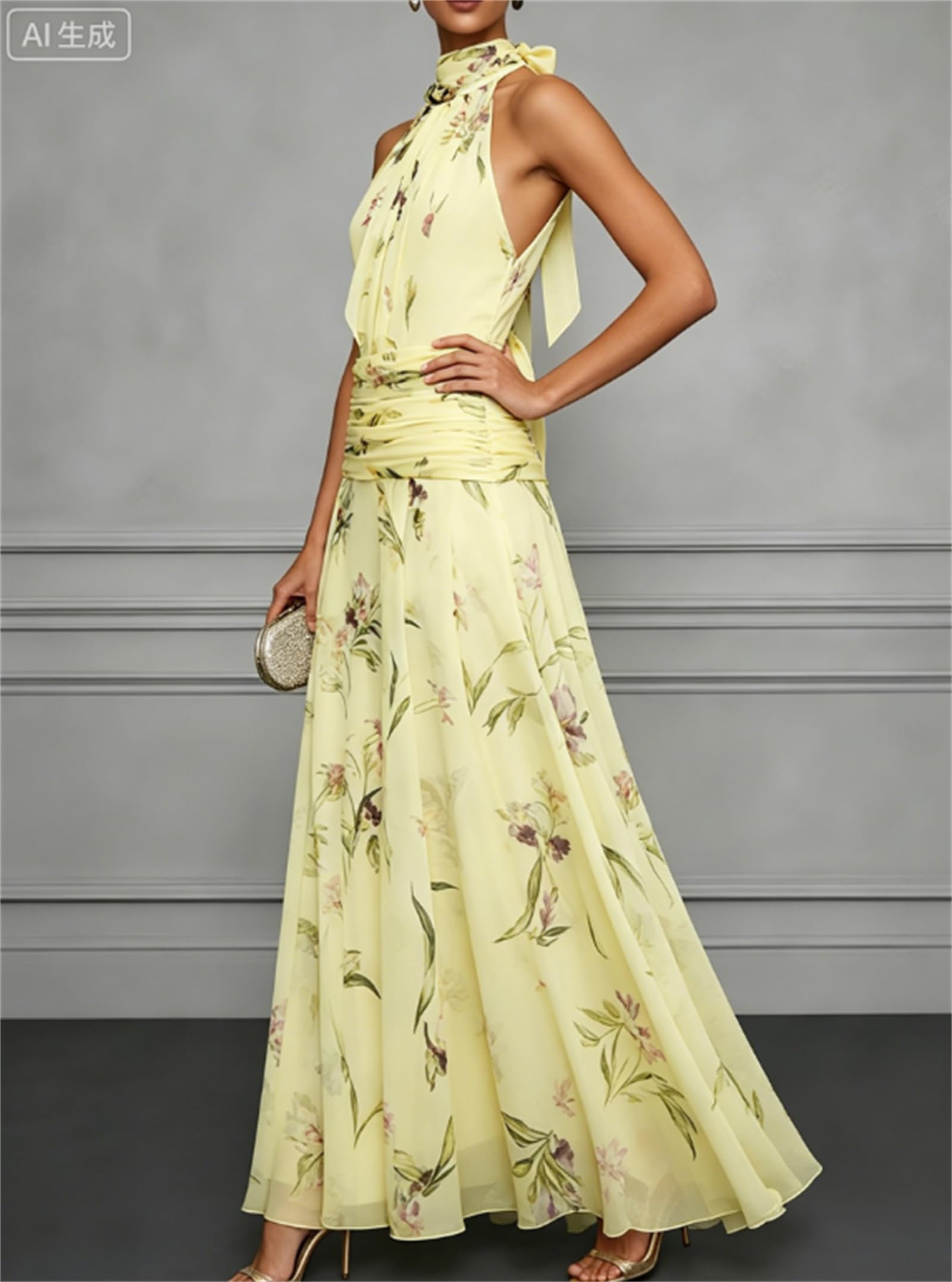 Abito Lungo da Donna in Chiffon Floreale con Scollo all'Americana, Senza Maniche, a Vita Alta, con Cintura, Linea ad A Pieghe, Aderente, Ideale per Vacanze, Matrimoni e Occasioni Speciali.