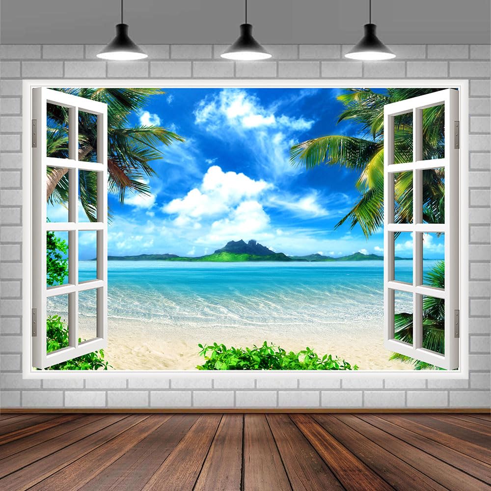 Beach Backdrop,Tropical Seaside Summer Hawaii Photography Backdrops,Natural Scenery Blue Sky White Clouds Photo Booth Wedding Luau Themed Party Party