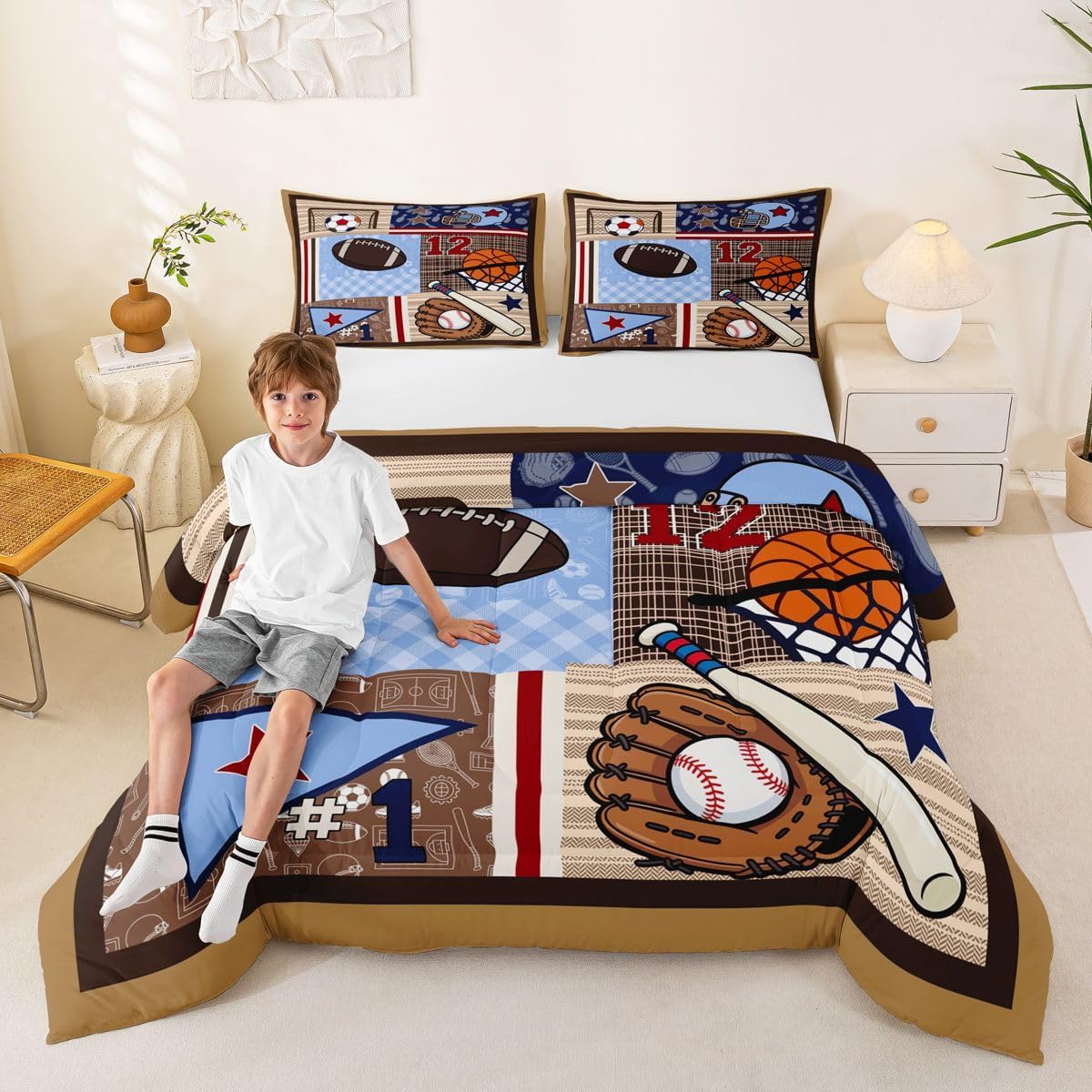 Kids Football Bedding Set Twin Size,Sports Comforter Sets for Boys Teens Bedroom Decor,Baseball Basketball Bed in a Bag Ball Sport Brown Grid Patchwork Quilted Duvet Child Bed Set with 1 Pillowcase | Breathable Soft