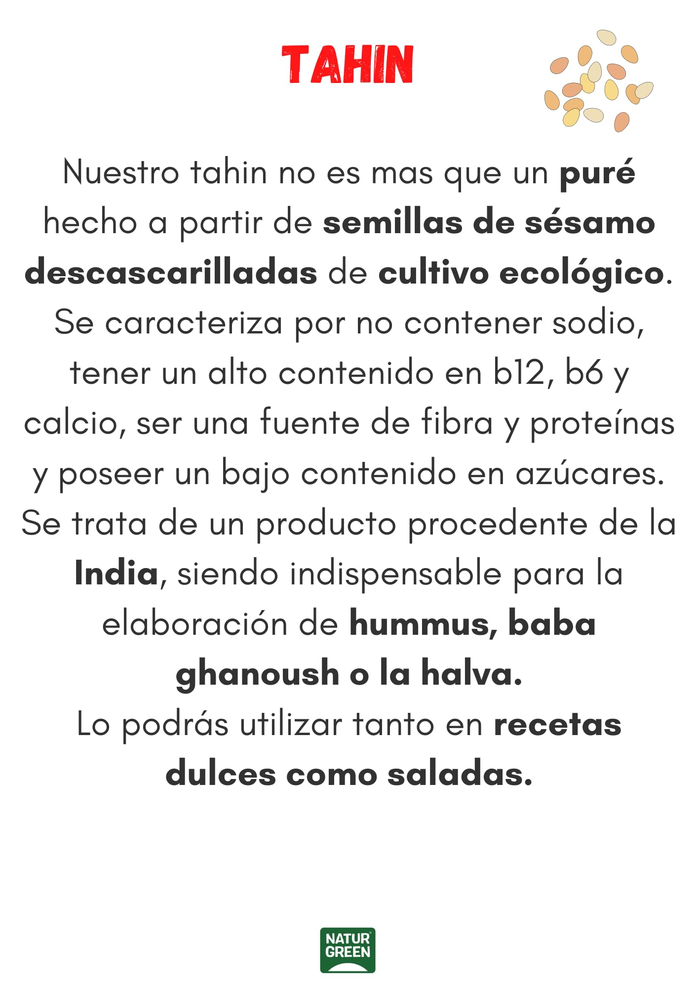 NaturGreen - Tahin de Sésamo Blanco Bio, Pack 6 x 800 g, Crema Blanco 100% Natural, Sin Gluten, Vegana, Fuente de Proteína y Fibra, Sin Azúcares Añadidos, Ideal para Hummus, Salsas y Cocina Saludable