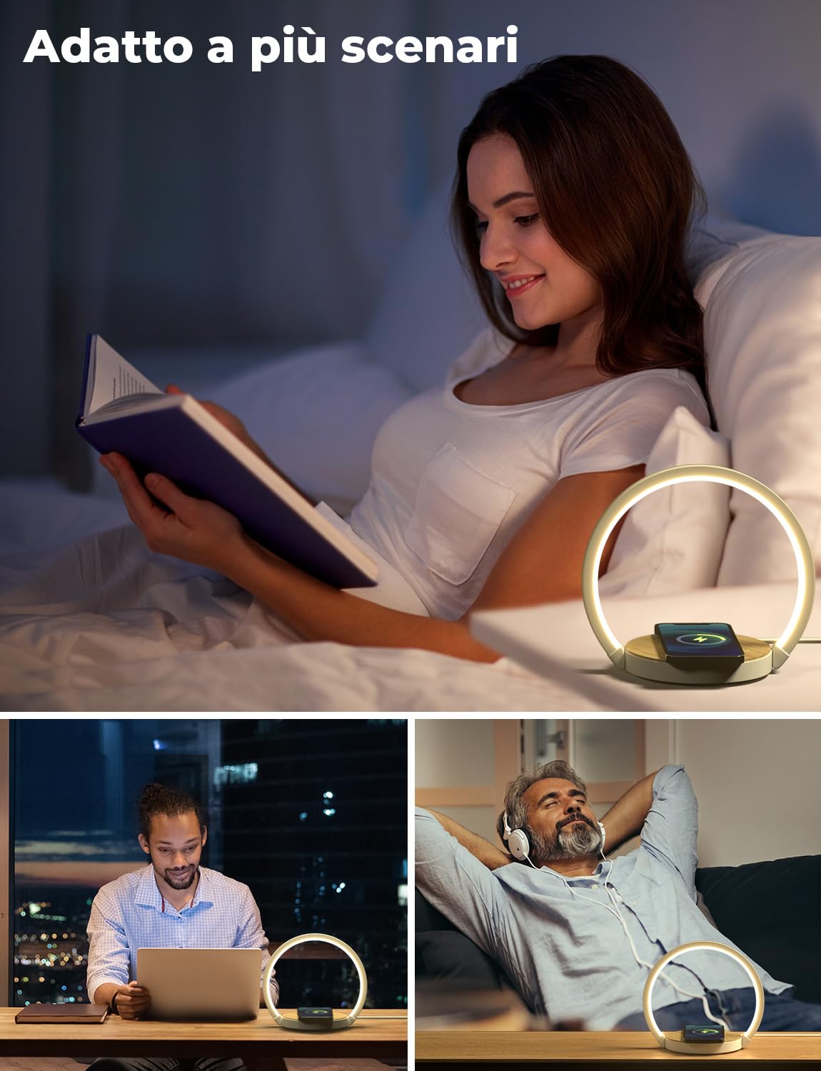 Lampada da Comodino a 3 intensità con Caricabatterie Wireless Controllo Touch Lampada da Tavolo Lampada da Scrivania | Design Moderno, Per Camera Da Letto, Scrivania, Soggiorno, Luce Notturna a LED