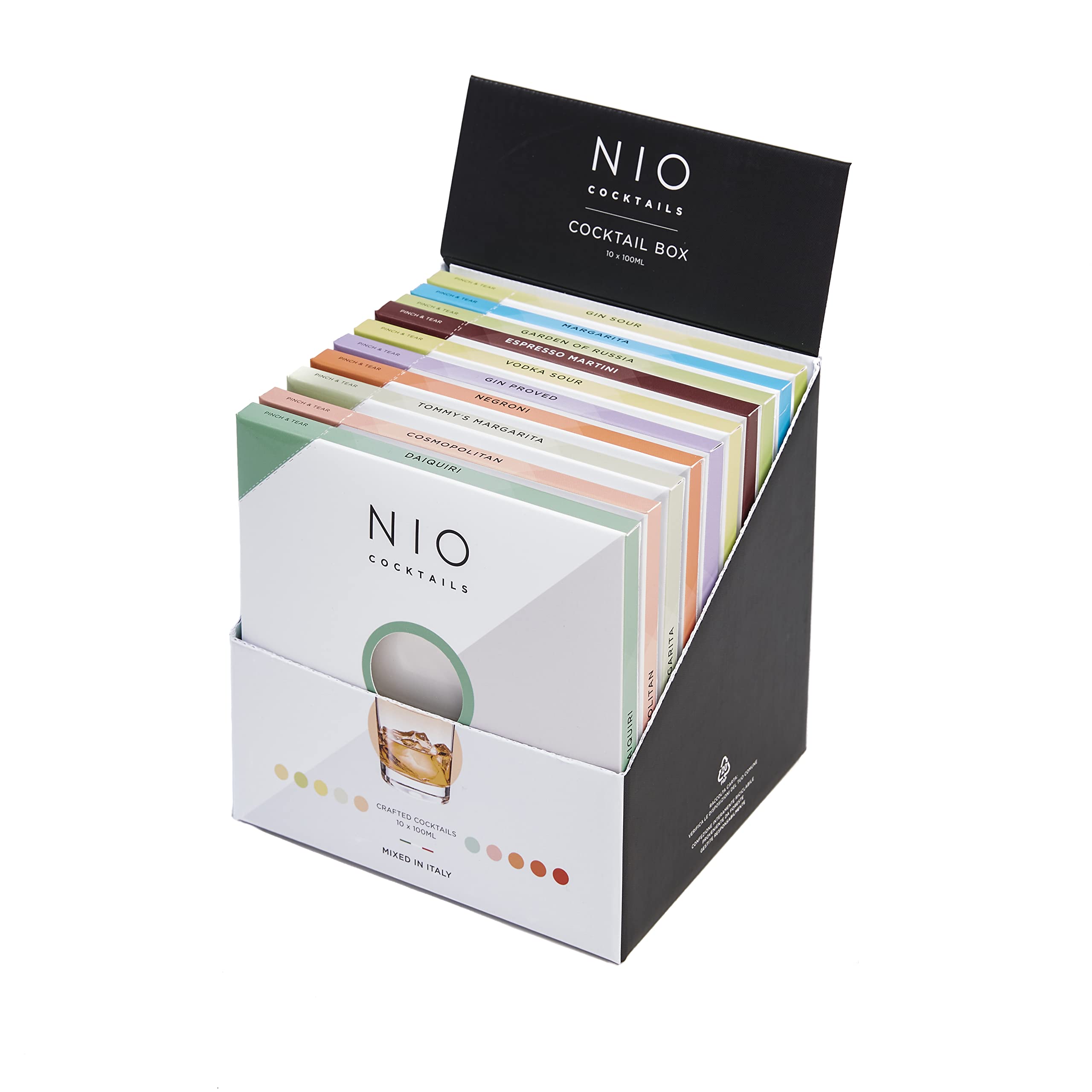 NIO Cocktails - Aperitif at Home Cocktail Box, 10 Drinks (Negroni, Cosmopolitan, Daiquiri, Espresso Martini, Tommy's Margarita, Vodka Sour, Gin Sour, Gin Proved, Garden of Russia, Margarita), 100 cl