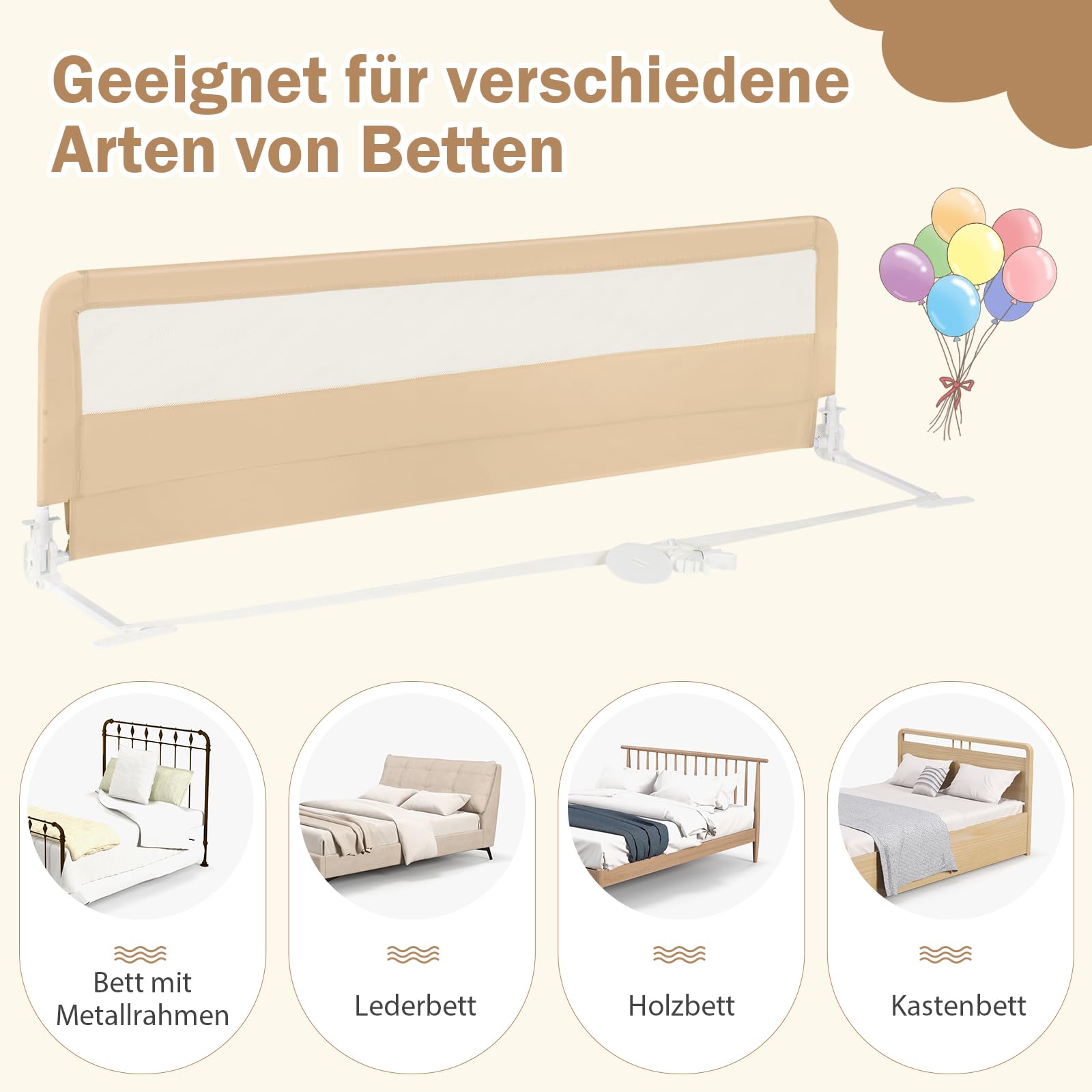 COSTWAY Bettgitter klappbar, 180 cm Lange Bettschutzgitter mit Sicherheitsgurten, Rausfallschutz 180° Faltbar Boxspringbett für Baby & Kleinkinder (Beige)