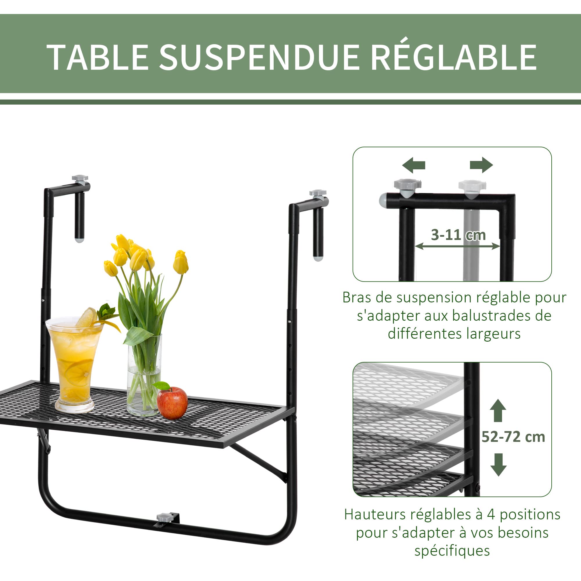 Outsunny Table de Balcon Suspendue Pliable Hauteur réglable 60x60x57-72 cm Noir