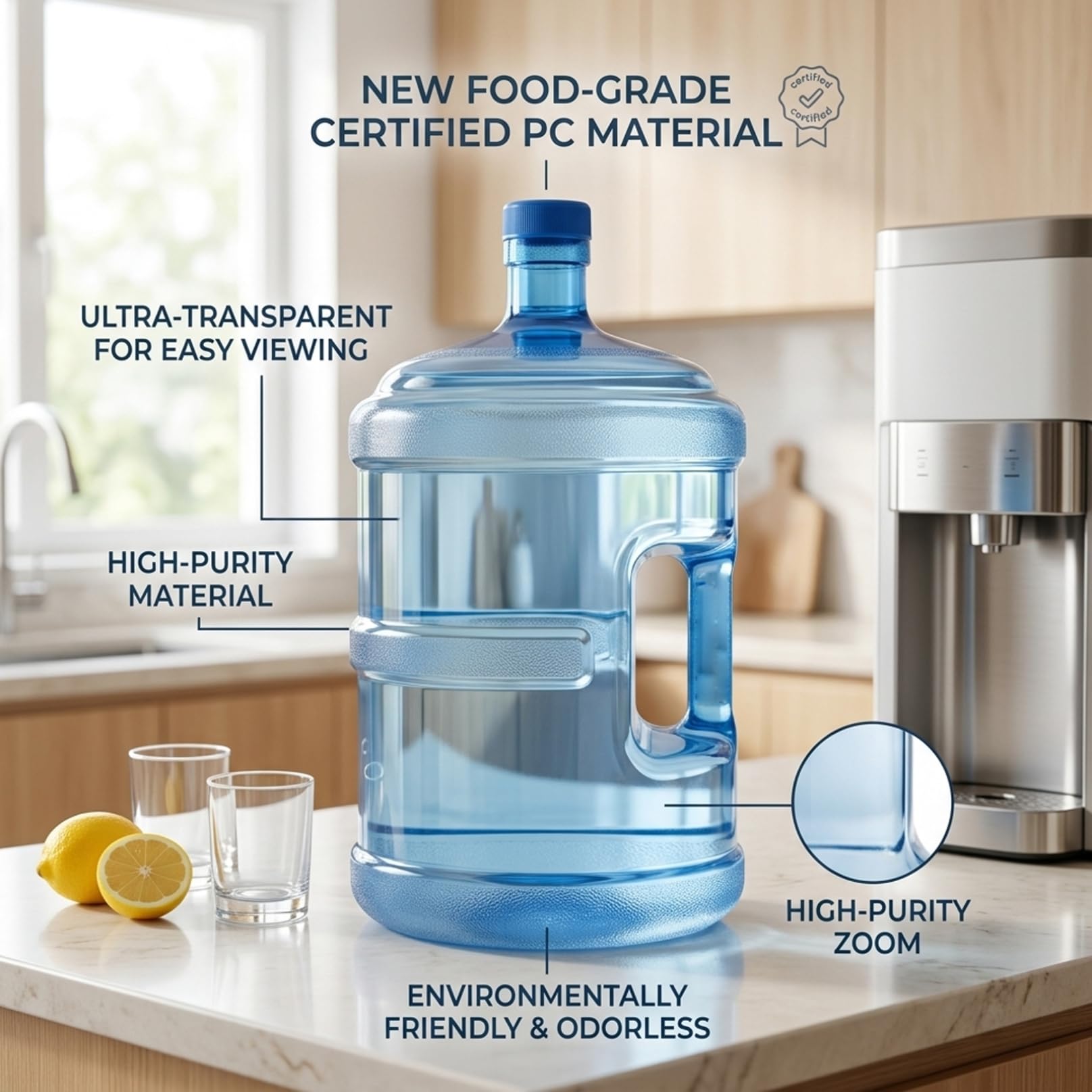 Bouteille d'eau de 5 gallons, récipient d'eau réutilisable avec poignée et bouchon anti-fuite pour la maison et le bureau, carafe de 5 gallons en PC qualité alimentaire - Récipient