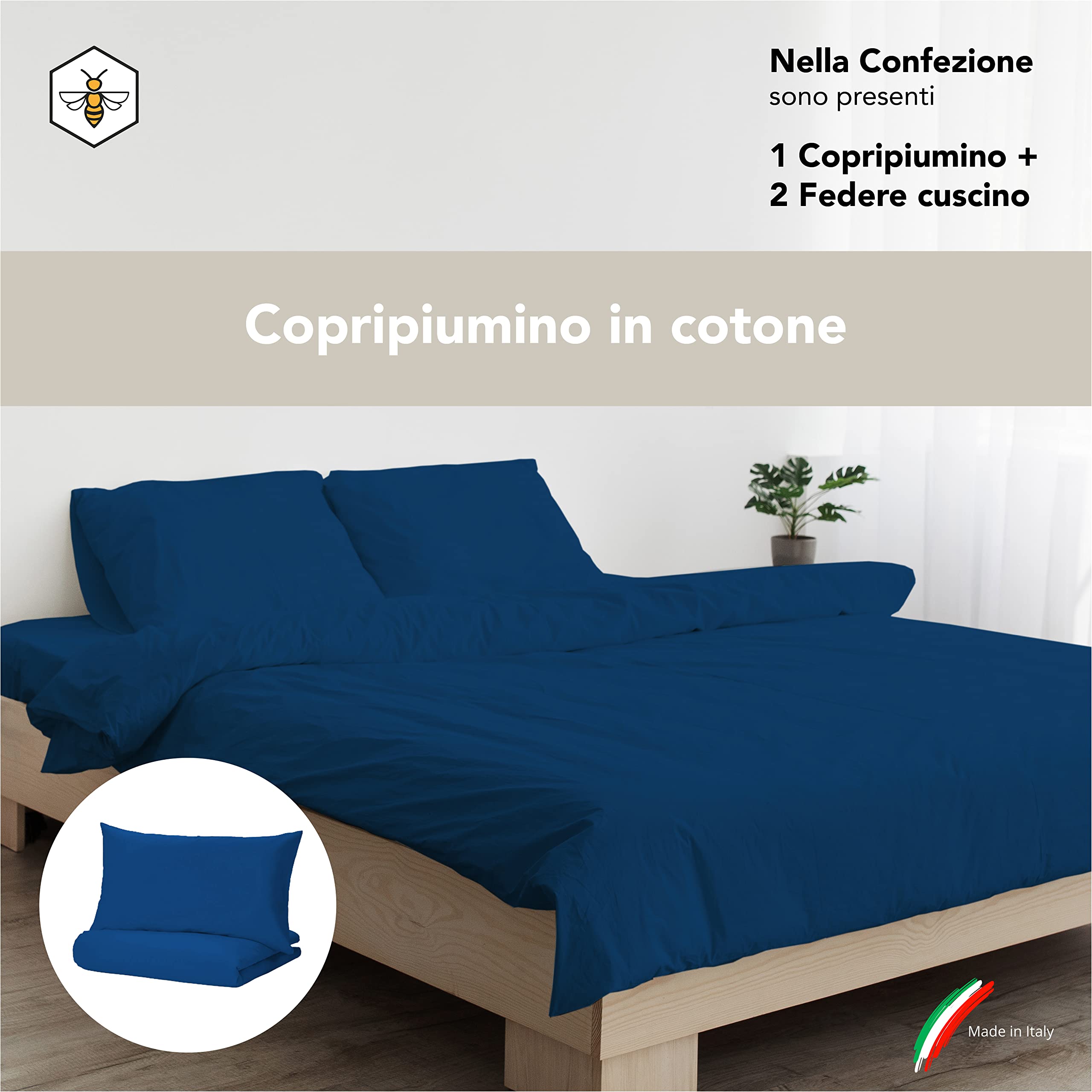 Set Copripiumino, sacco popripiumino realizzato in Italia in cotone 250X205(+15) CM in tinta unita BLU