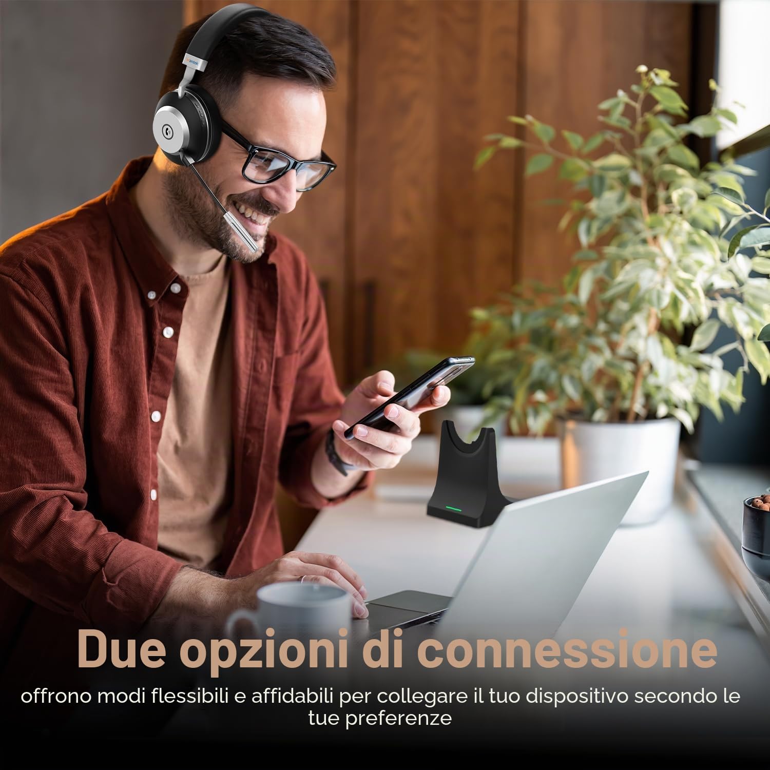 Wantek ‌Cuffia Business Noise Cancelling Attivo & Ricarica Wireless - Doppia Modalità BT5.3/2.4GHz, 45h Autonomia, Driver 40mm 116dB + IPX4 per PC/PS5/Smartworking