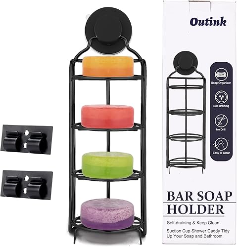 Soporte para jabonera de 4 niveles, acero inoxidable, sin perforación, con ganchos adhesivos de ventosa para pared de ducha, baño, cocina (negro)