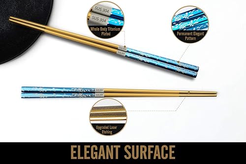 Miniatura 4 de Palillos metálicos chapados en titanio, 2 pares de palillos de acero inoxidable azul dorado y palillos de metal, reutilizables, palillos de acero