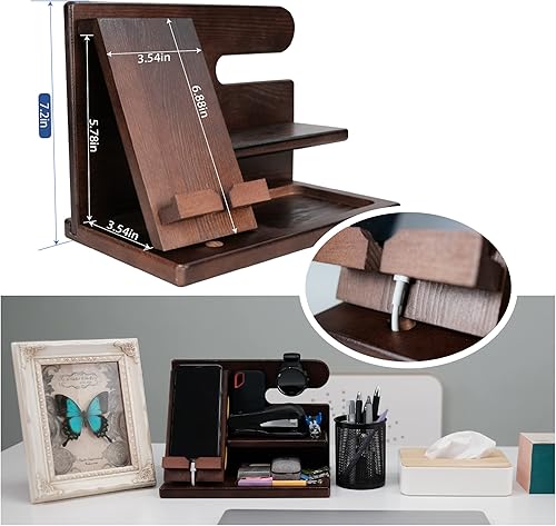 Miniatura 9 de Regalos para hombres estación de acoplamiento para teléfono organizador de mesita de noche estante de almacenamiento de escritorio con madera maciza