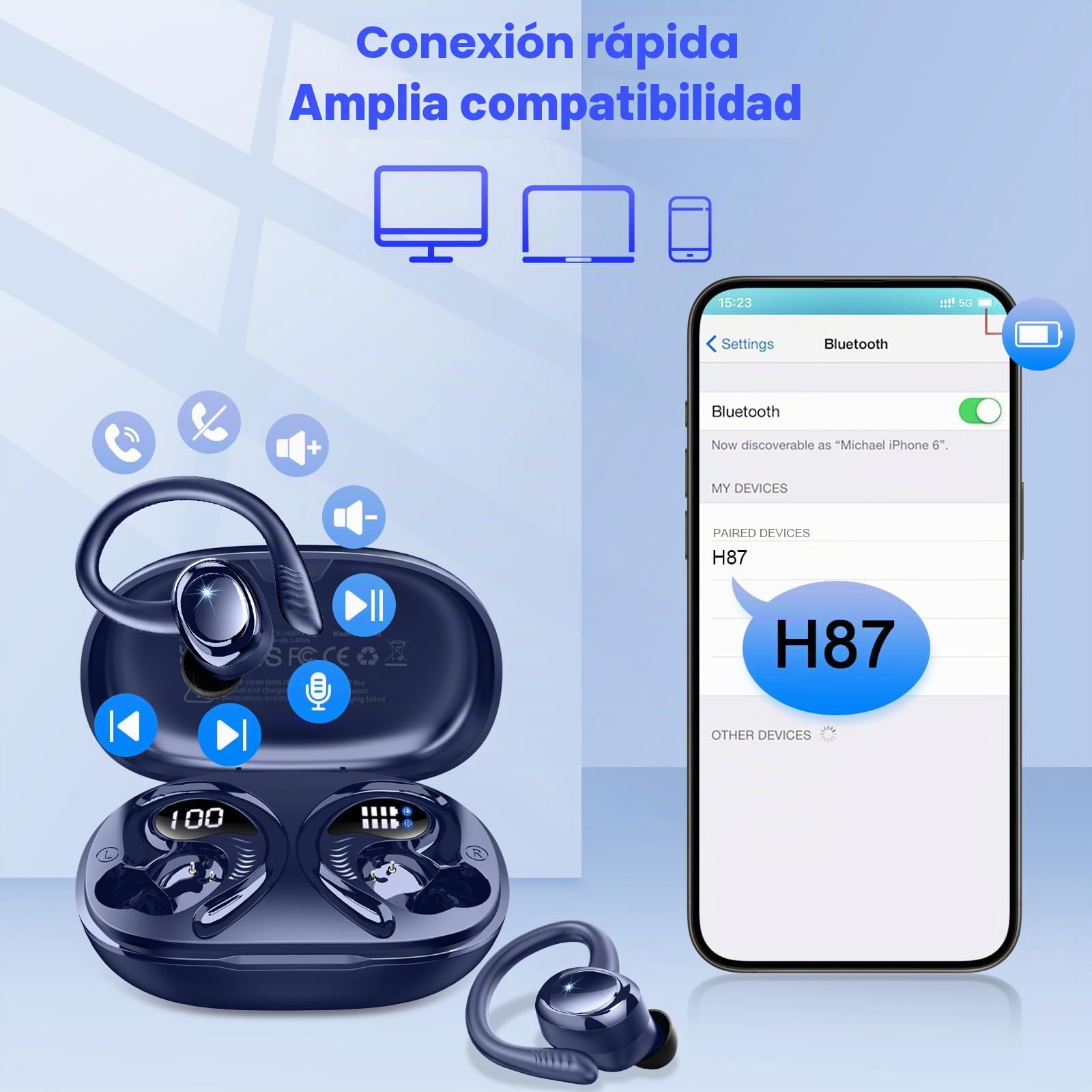 Auriculares Inalámbricos Bluetooth Deportivos, 60H Auriculares Bluetooth 5.4 con HiFi Estéreo, 4 ENC Mics, 2026 Cascos Inalambricos con Cancelación RuidoI/IP7 Impermeable/Azul Auriculares para Correr
